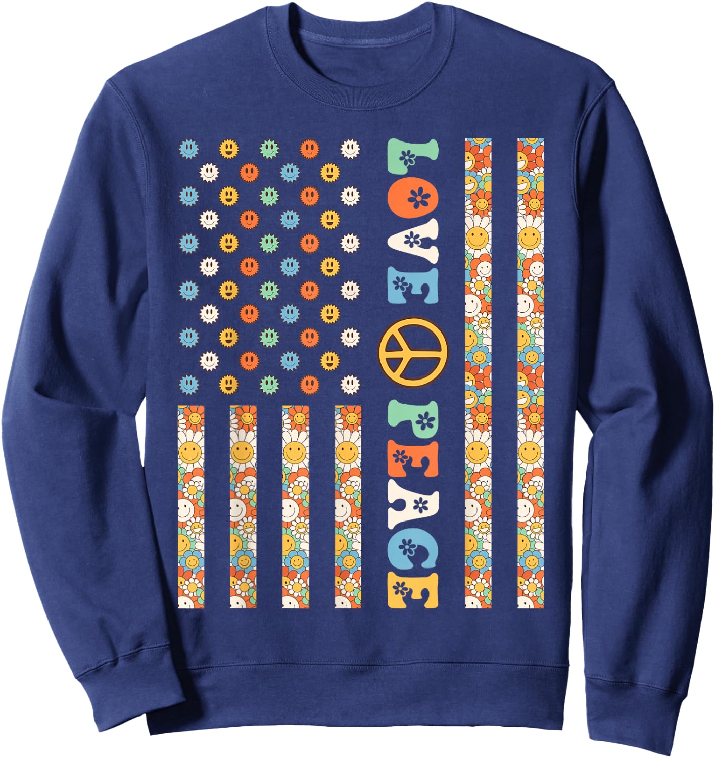 60s 70s American Flag Outfits Girls Kids Hippy Outfit USA Flag Hippie Groovy 1960s 1970s Love Peace Sweatshirt - Sweatshirt | Navy