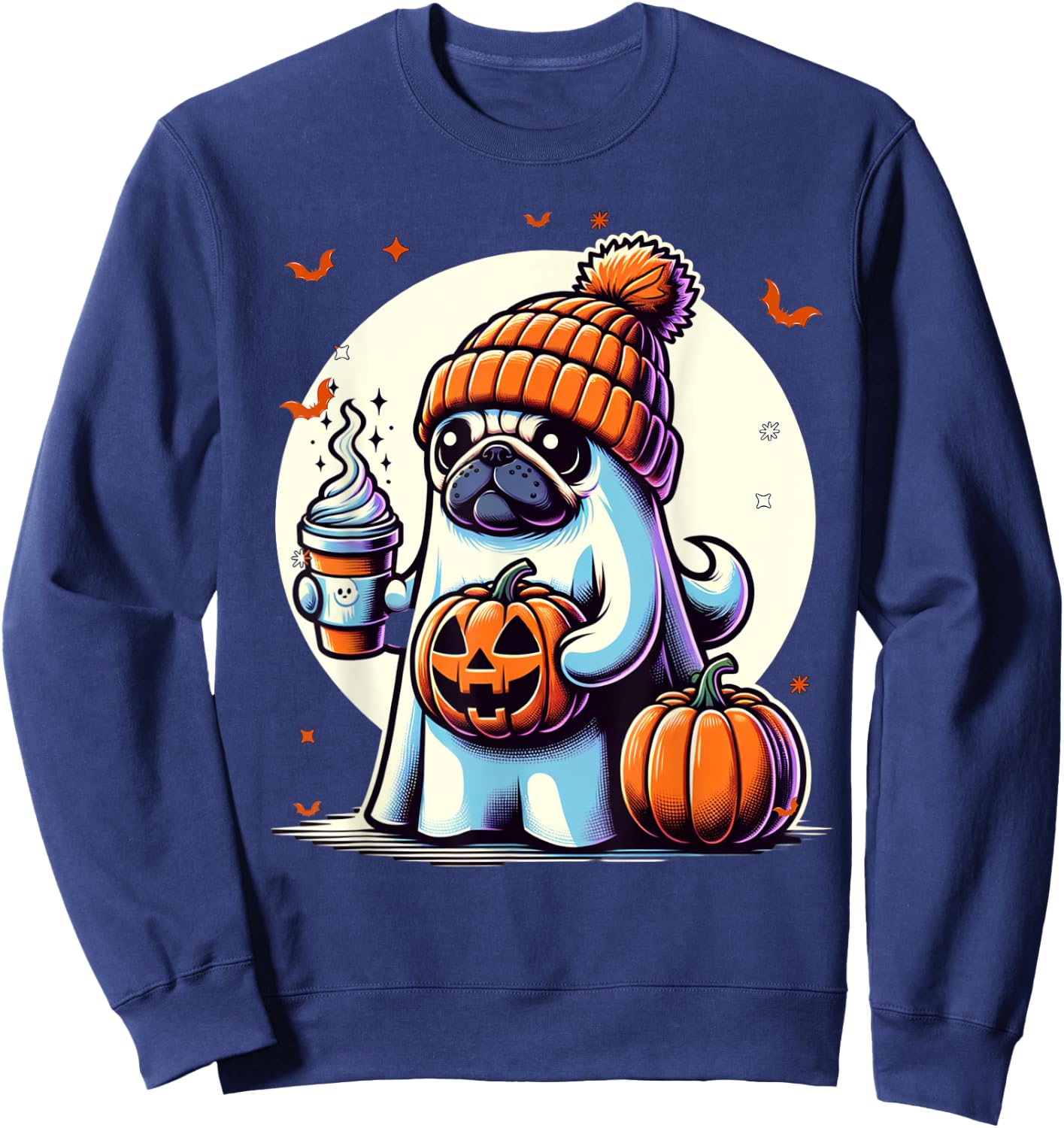 Ghost Pug Pumpkin Drinks Beanie Fall Halloween Sweatshirt - Sweatshirt | Navy