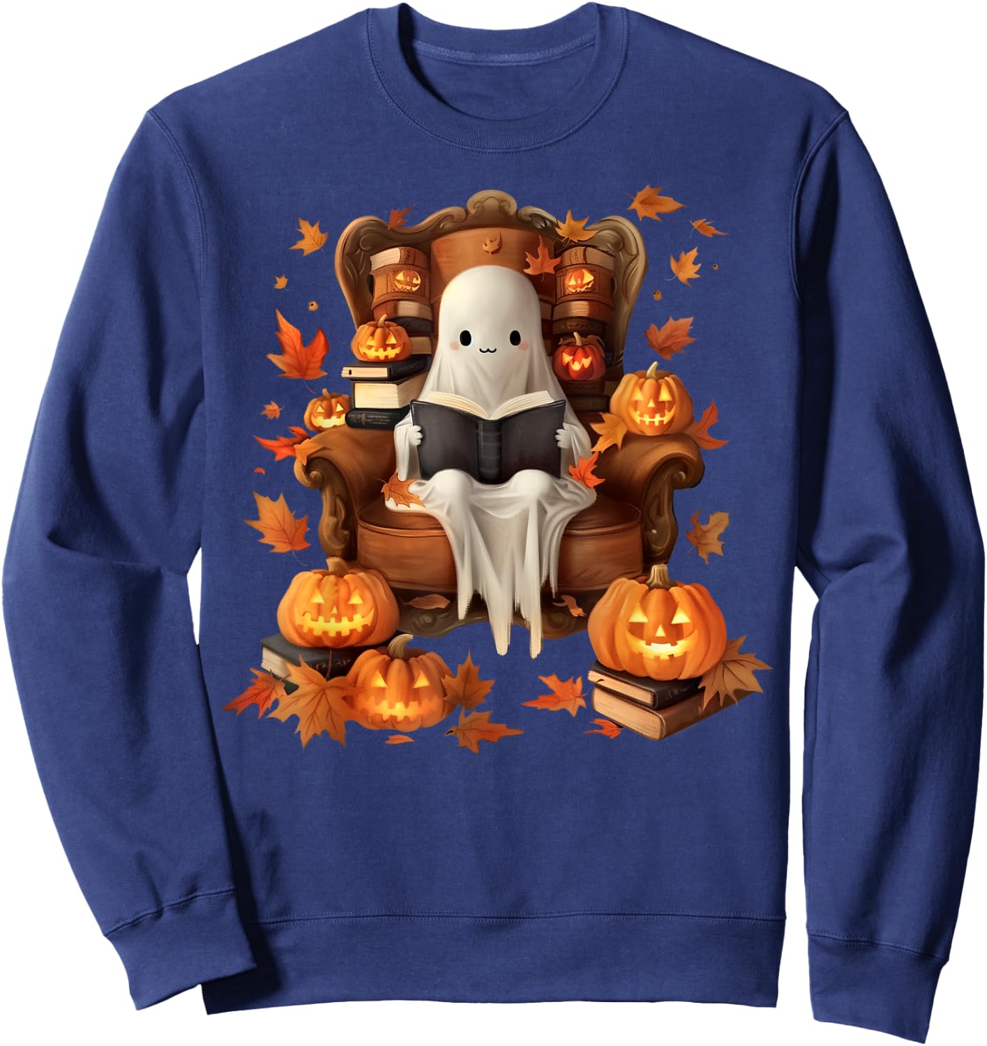 Vintage Ghost Book Reading Pumpkin Gothic Halloween Teachers Women Kids Sweatshirt - Sweatshirt | Navy