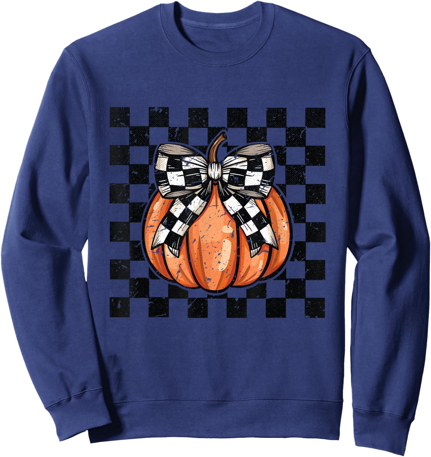 Vintage Checkered Halloween Pumpkin Sweatshirt - Sweatshirt | Navy