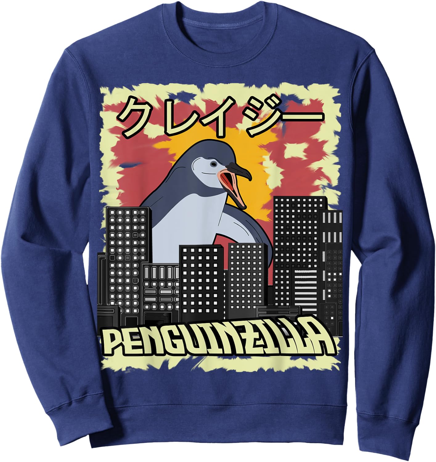 Penguinzilla Lunatic Penguin Demolishing Zilla Japanese Gift Sweatshirt - Sweatshirt | Navy