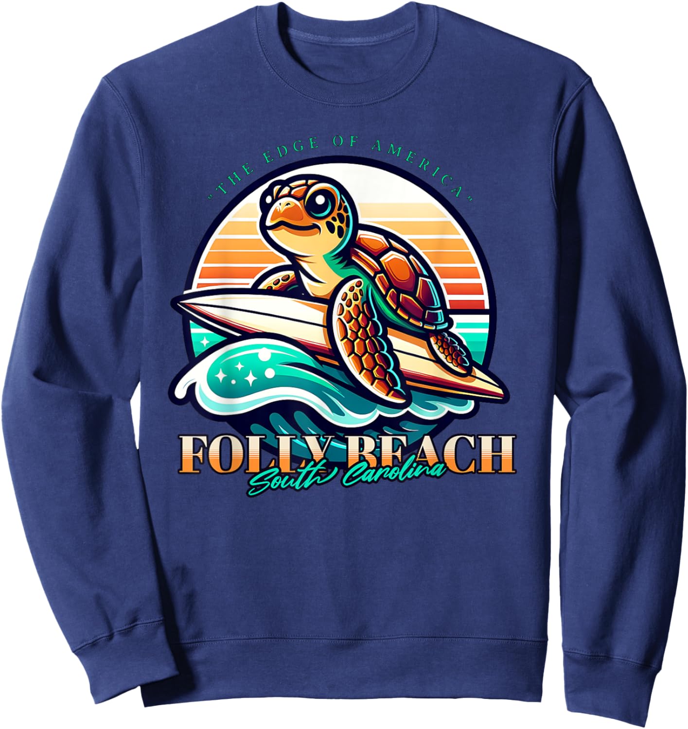 Folly Beach South Carolina Loggerhead Sea Turtle Retro Sun Women Kids Sweatshirt - Sweatshirt | Navy