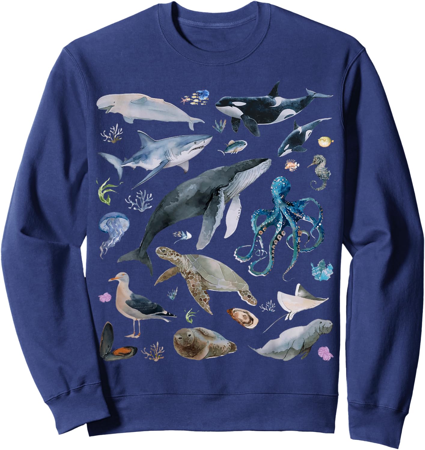 Vintage Ocean Animal Wildlife Shark Turtle Octopus Fish Sweatshirt - Sweatshirt | Navy