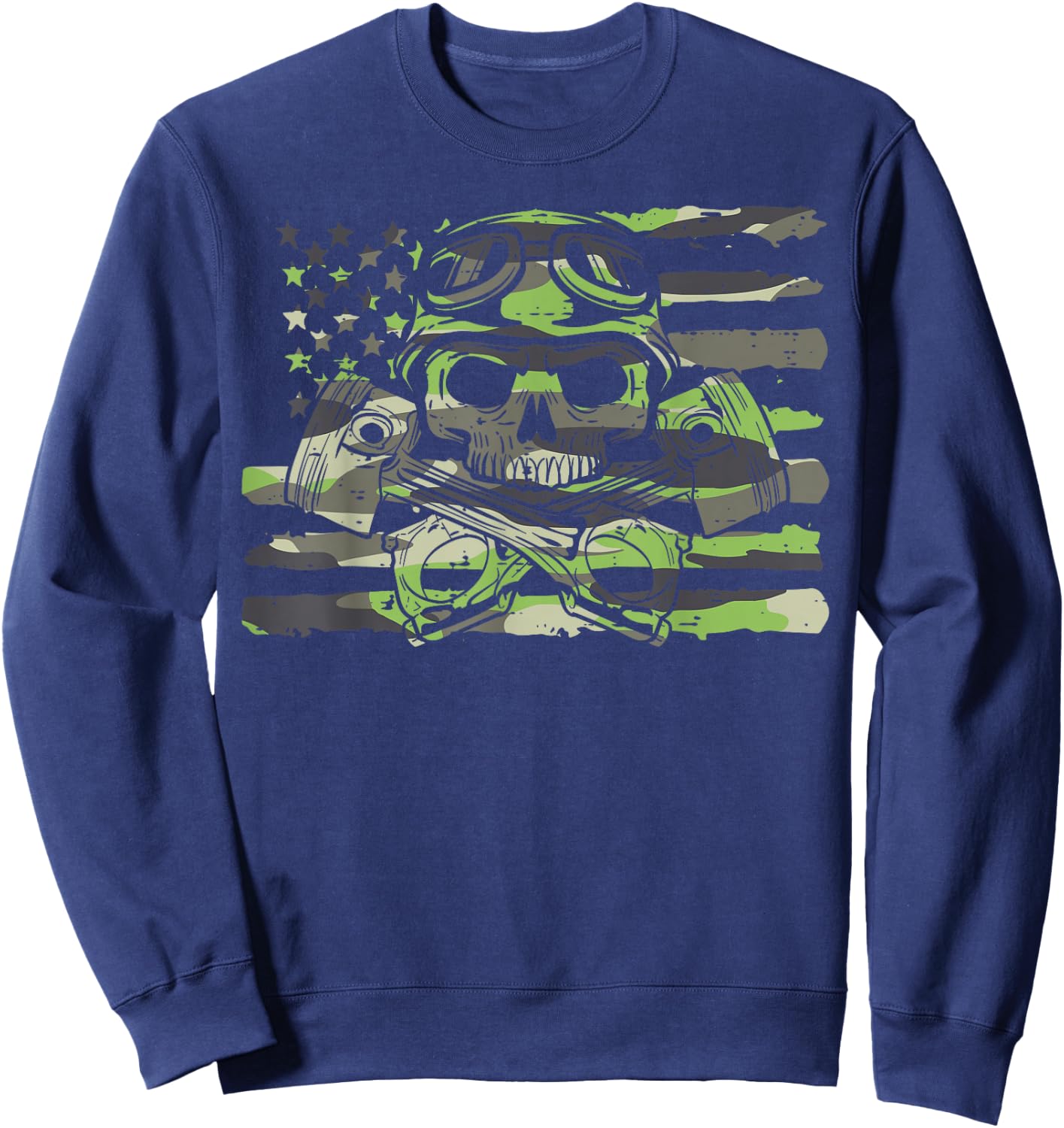 Biker Camo US Flag Skull Pistons Motorcycle Men Boys Kids Sweatshirt - Sweatshirt | Navy