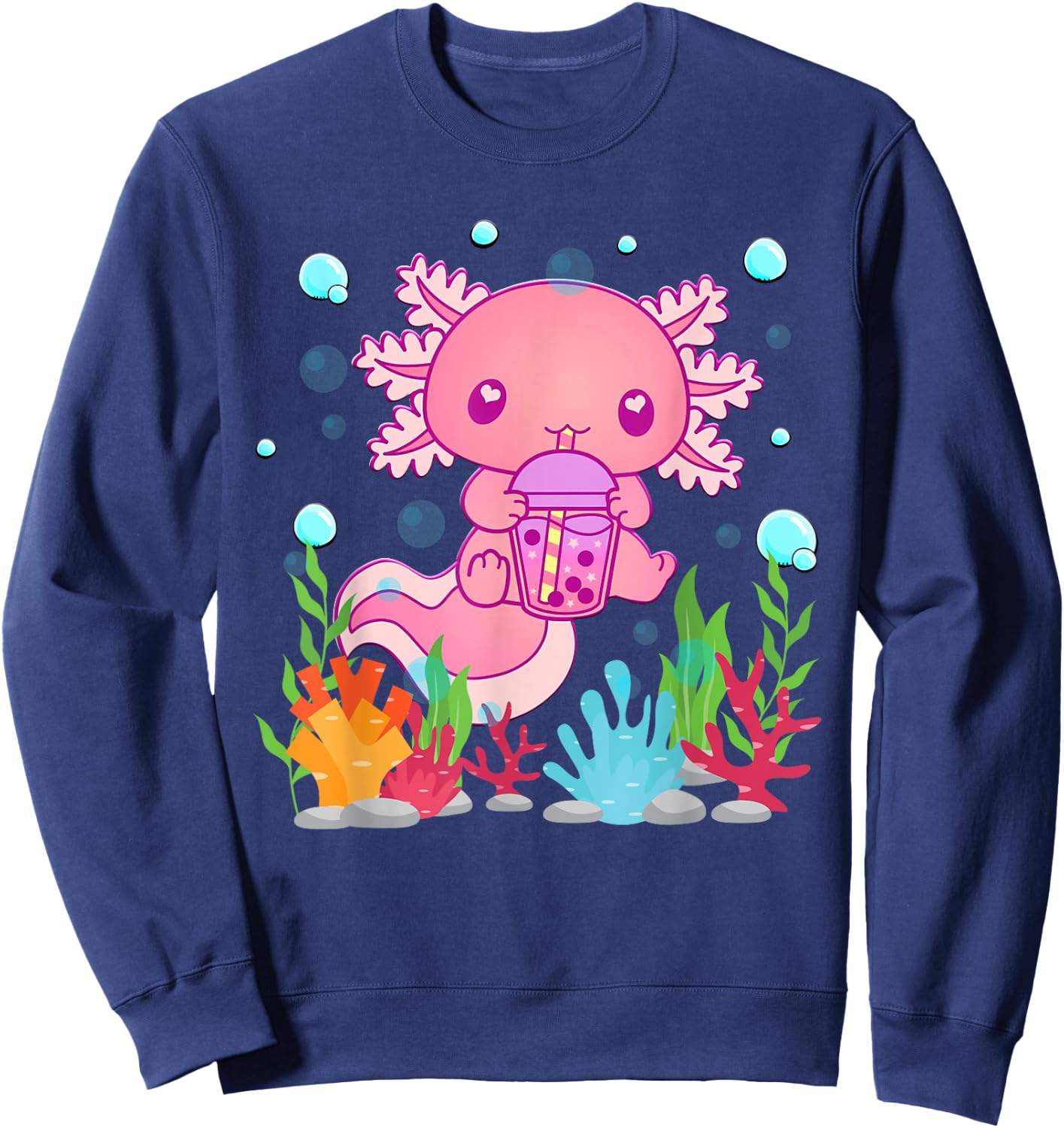 Cute Axolotl Boba Tea Kawaii Anime Teen Girls Kids Boys Sweatshirt - Sweatshirt | Navy