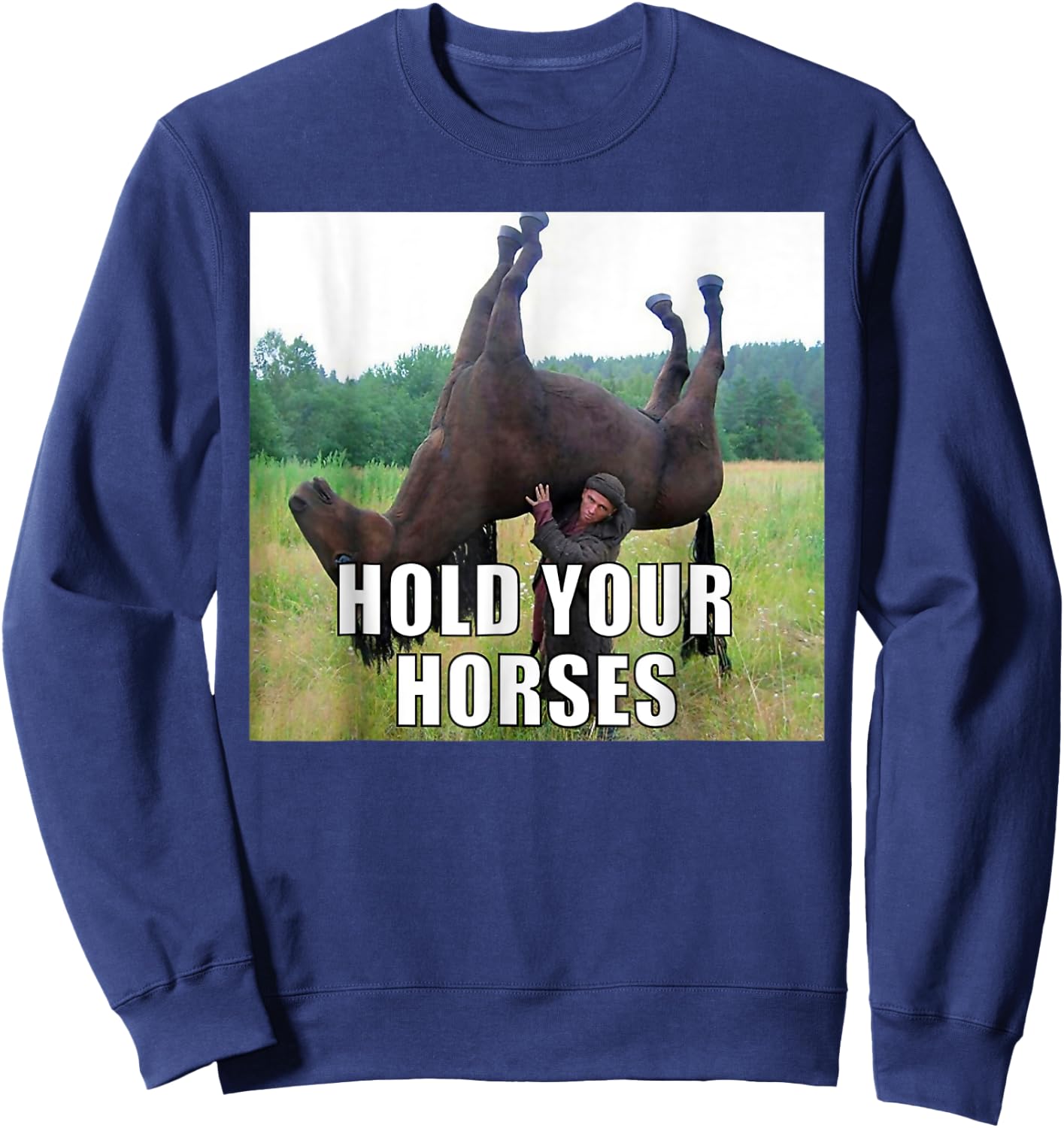 Hold Your Horses Dad Joke Funny Oddly Specific Dank Meme Sweatshirt - Sweatshirt | Navy