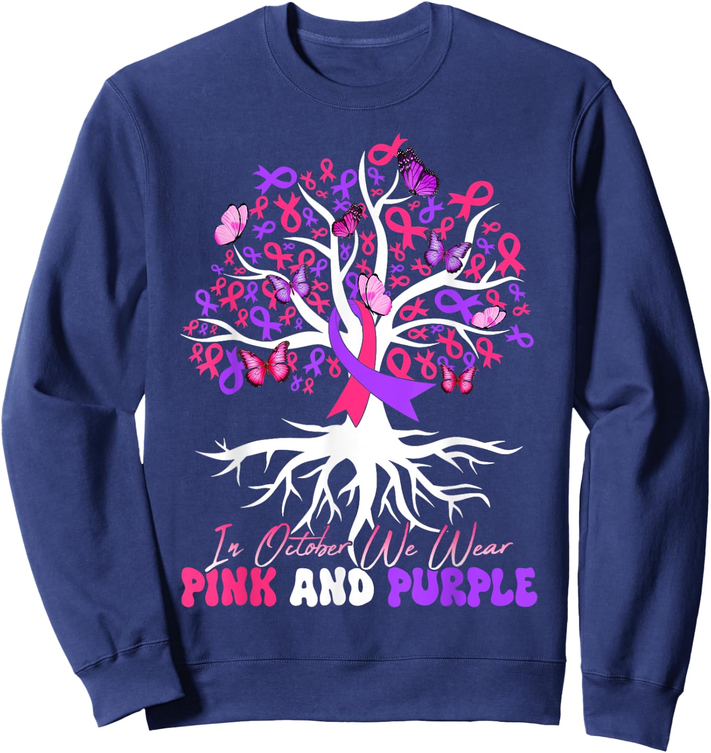 Domestic Violence Breast Cancer Awareness Month Ribbon Tree Sweatshirt - Sweatshirt | Navy