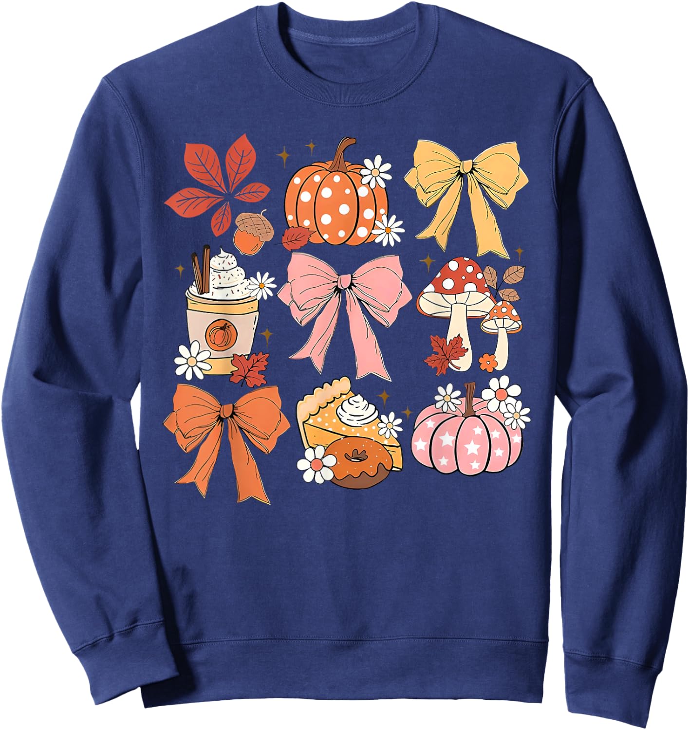 Coquette Bow Pumpkin Season Thanksgiving Autumn Fall Leaves Sweatshirt - Sweatshirt | Navy