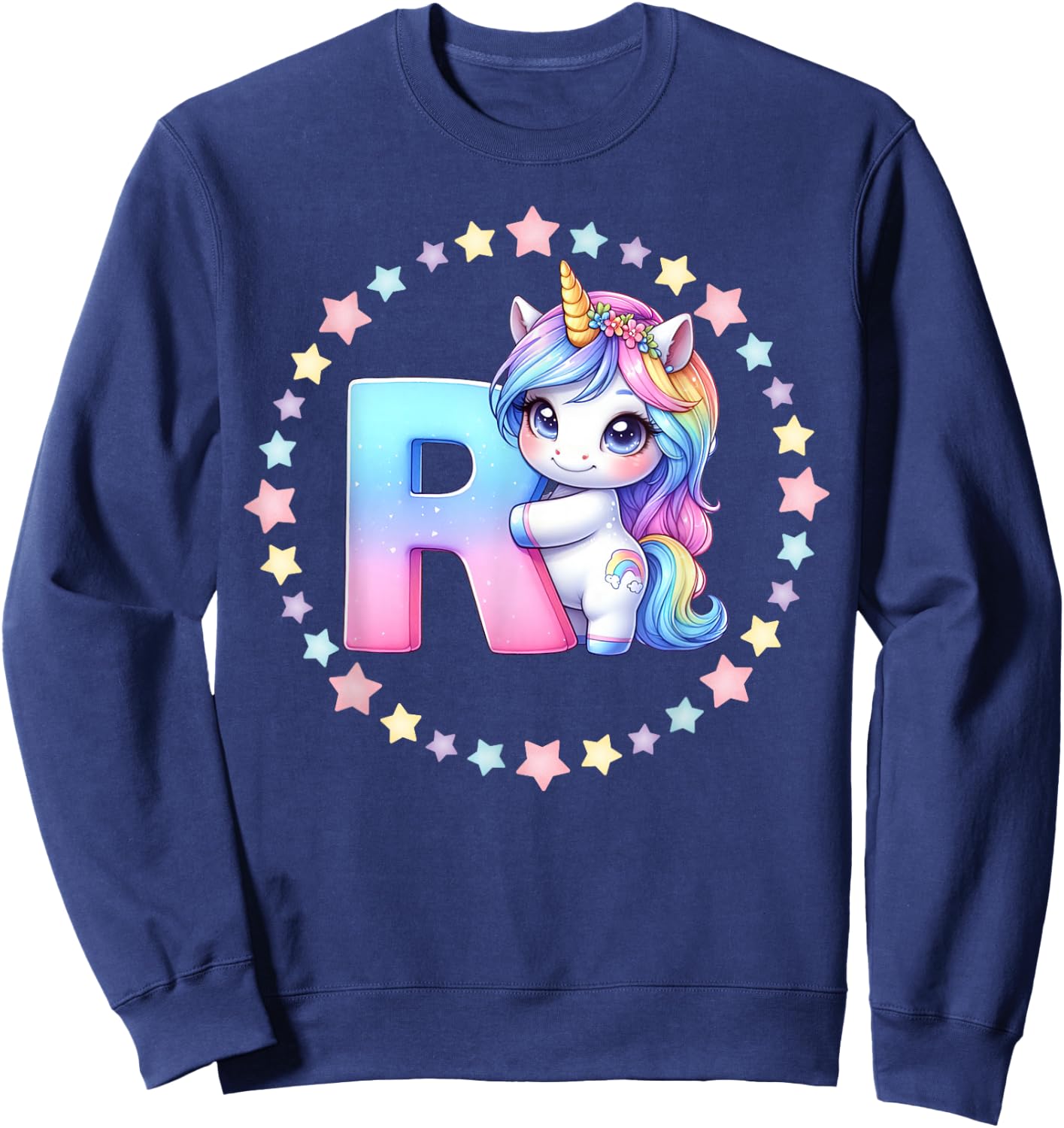 Unicorn Letter R Initial Rainbow Monogram Women Girls Kids Sweatshirt - Sweatshirt | Navy