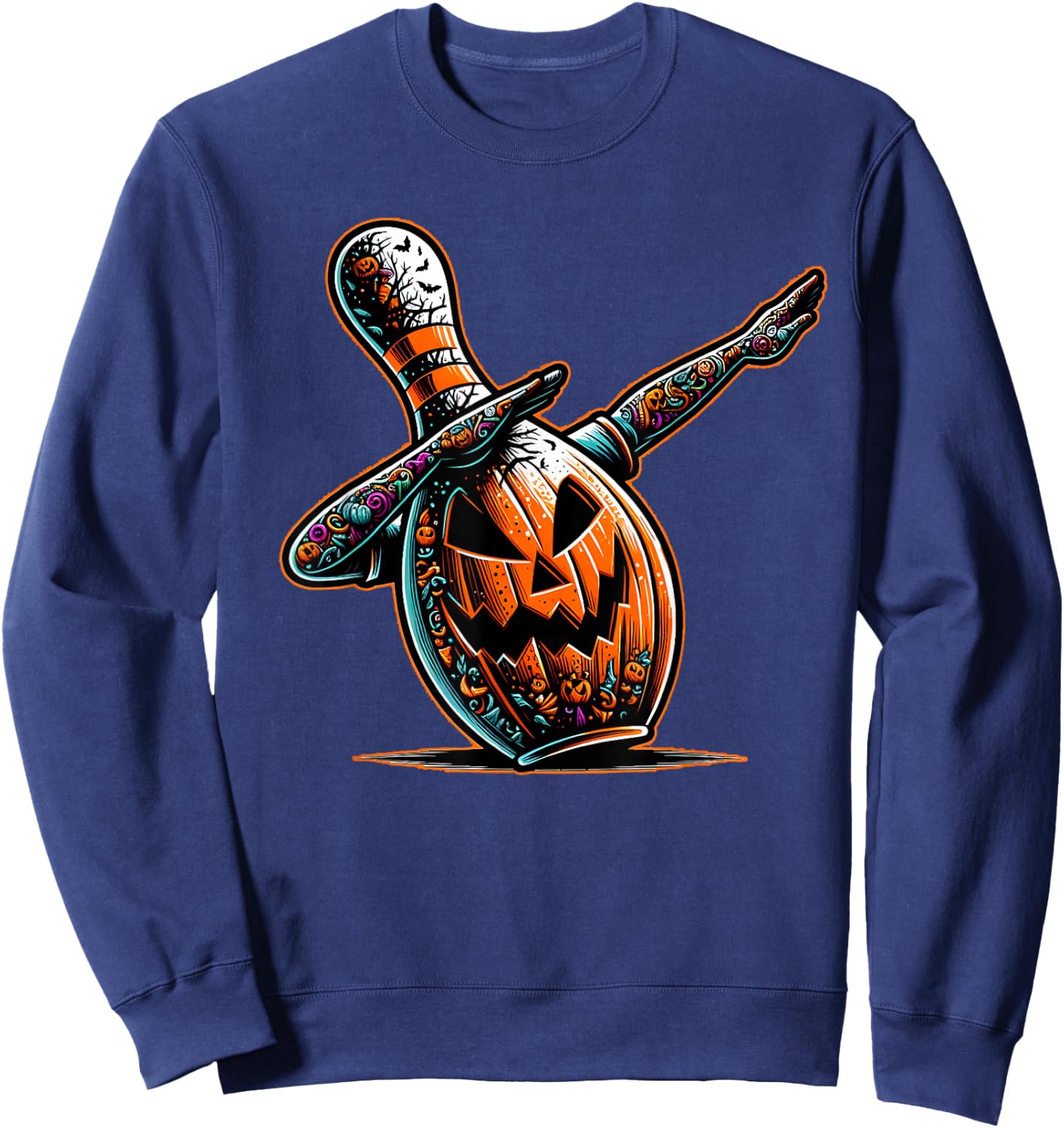 Dabbing Bowling Pin Bowler Jack O Lantern Spooky Halloween Sweatshirt - Sweatshirt | Navy