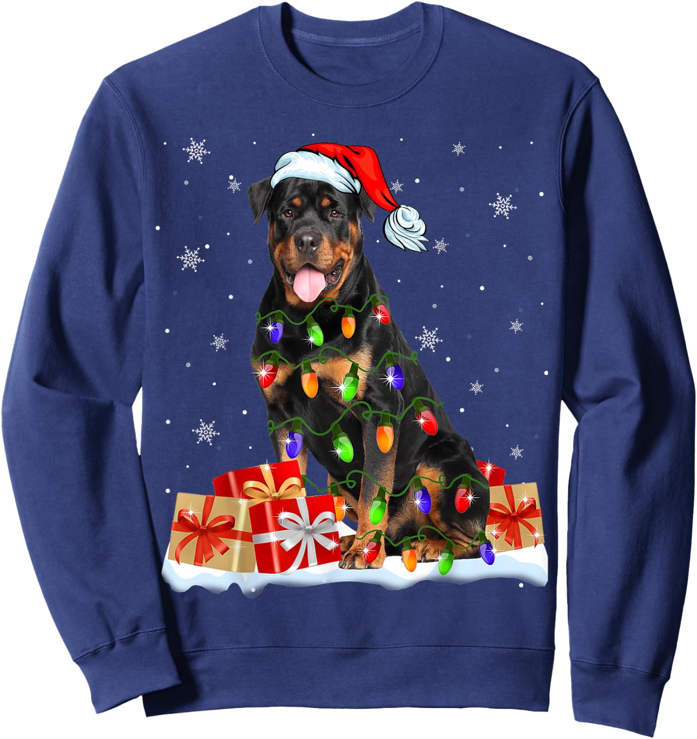 Rottweiler Santa Christmas Tree Light Xmas Puggy Lover Gifts Sweatshirt - Sweatshirt | Navy