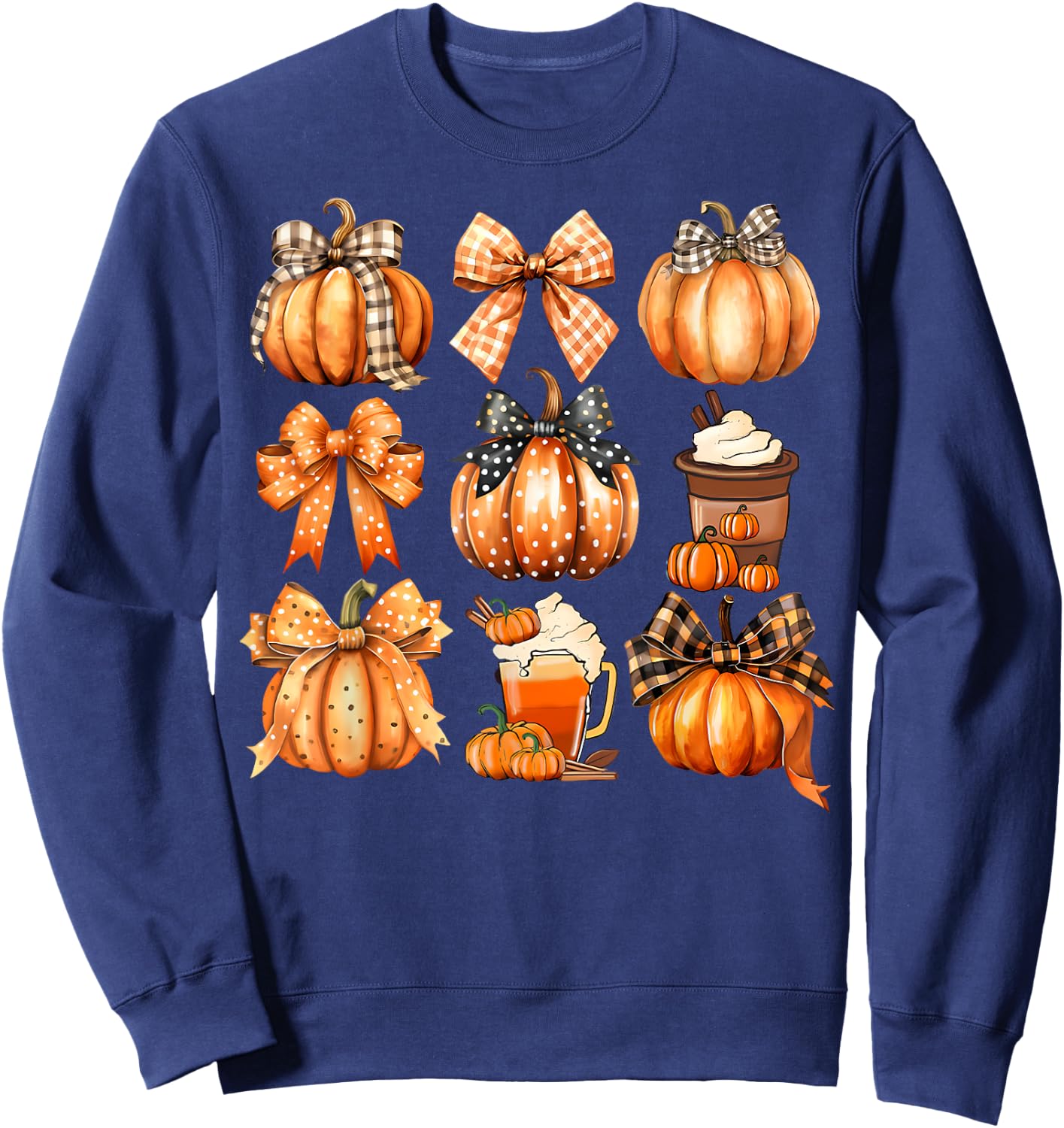 Retro Thanksgiving Pumpkin Coquette Bow Pumpkin Spice Plaid Sweatshirt - Sweatshirt | Navy