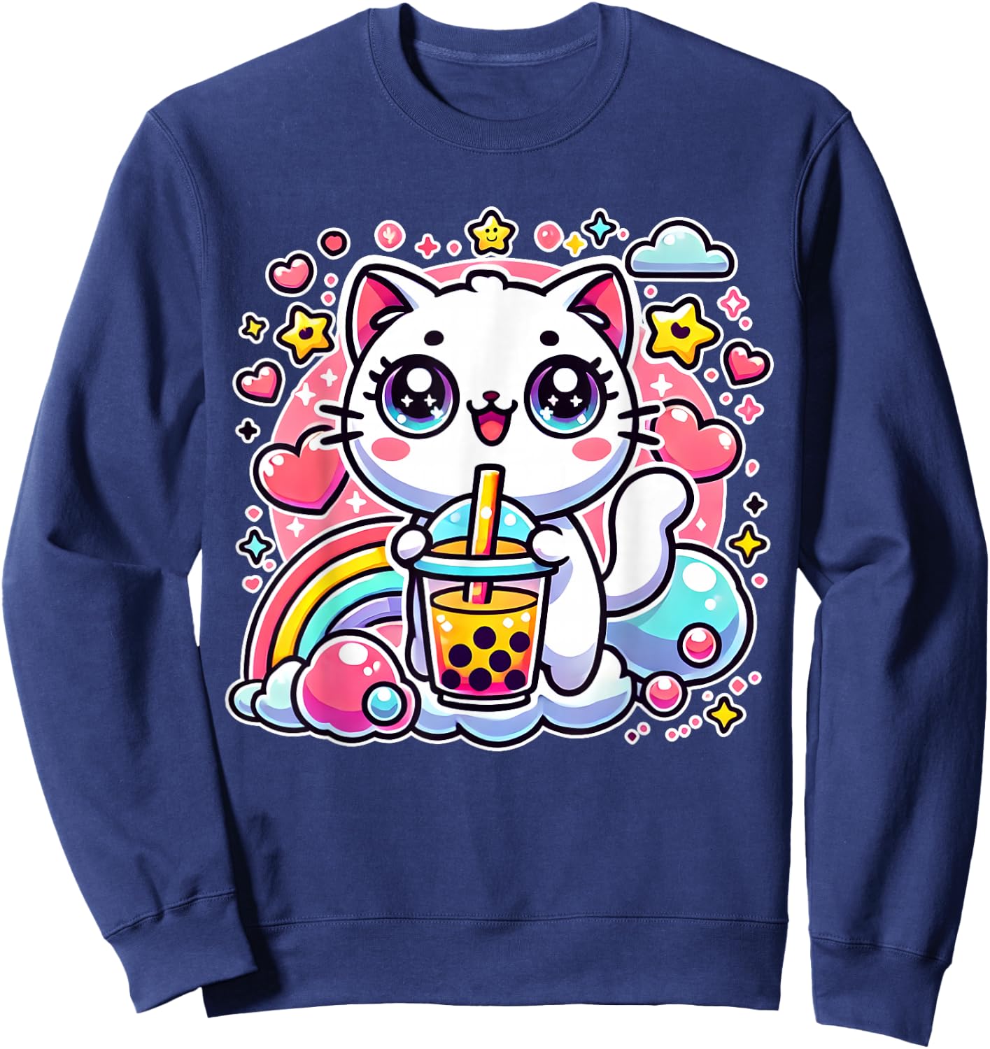 Cute Cat Boba Tea Bubble Tea Anime Kawaii Neko Gift Sweatshirt - Sweatshirt | Navy