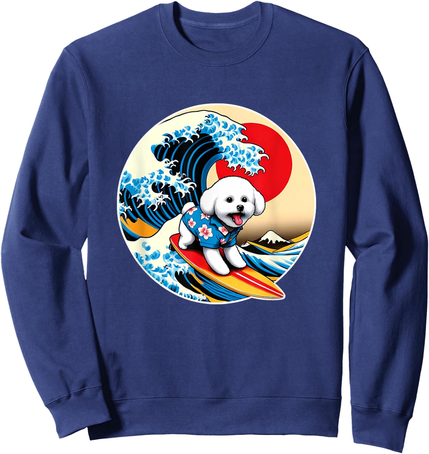 Great Wave Kanagawa Bichon Frise Dog Surfing Sweatshirt - Sweatshirt | Navy