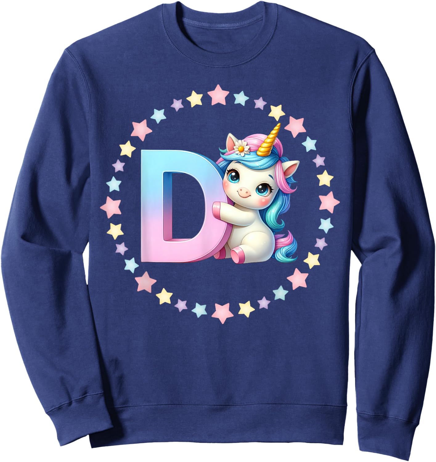 Unicorn Letter D Initial Rainbow Monogram for Girls and Kids Sweatshirt - Sweatshirt | Navy