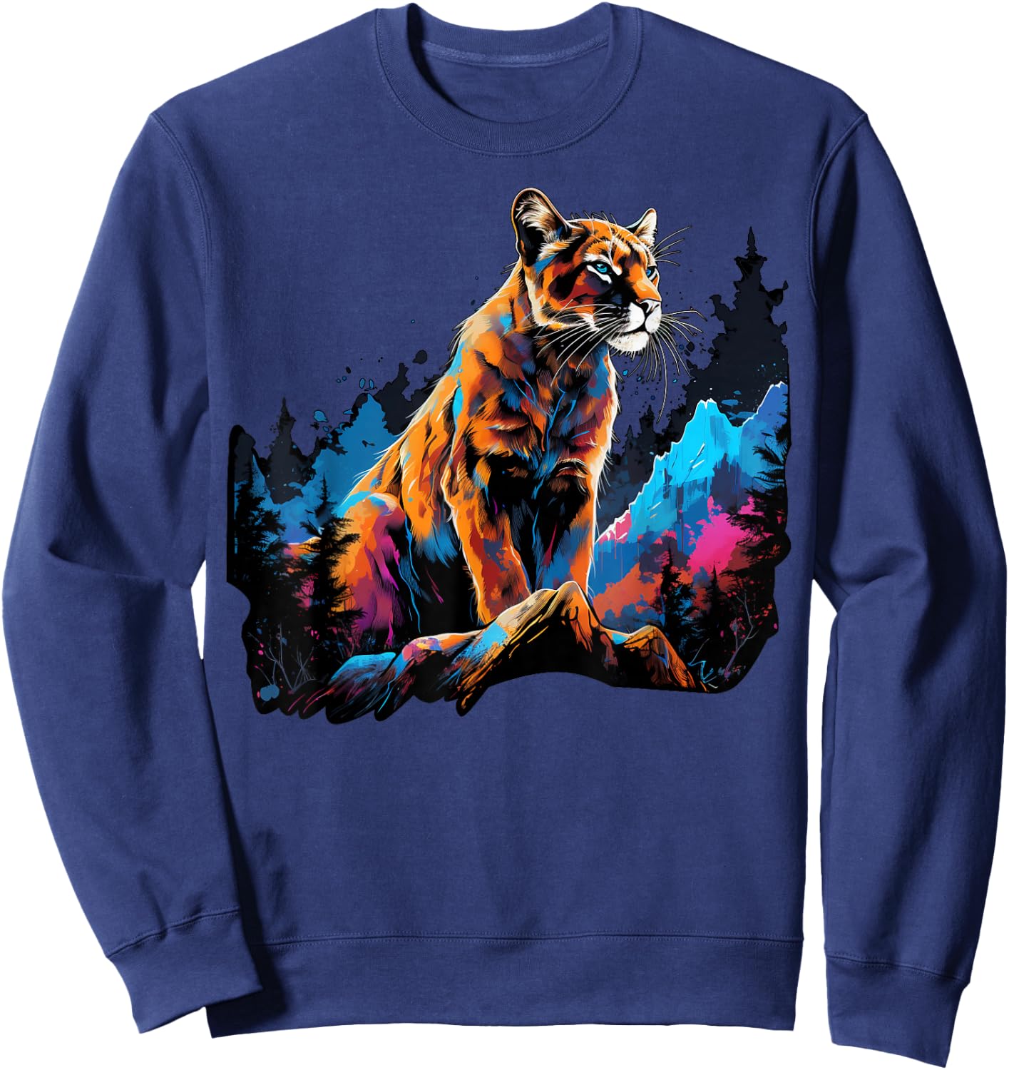 Cool Lion Cougar on colorful painted Mountain Lion Cougar Sweatshirt - Sweatshirt | Navy