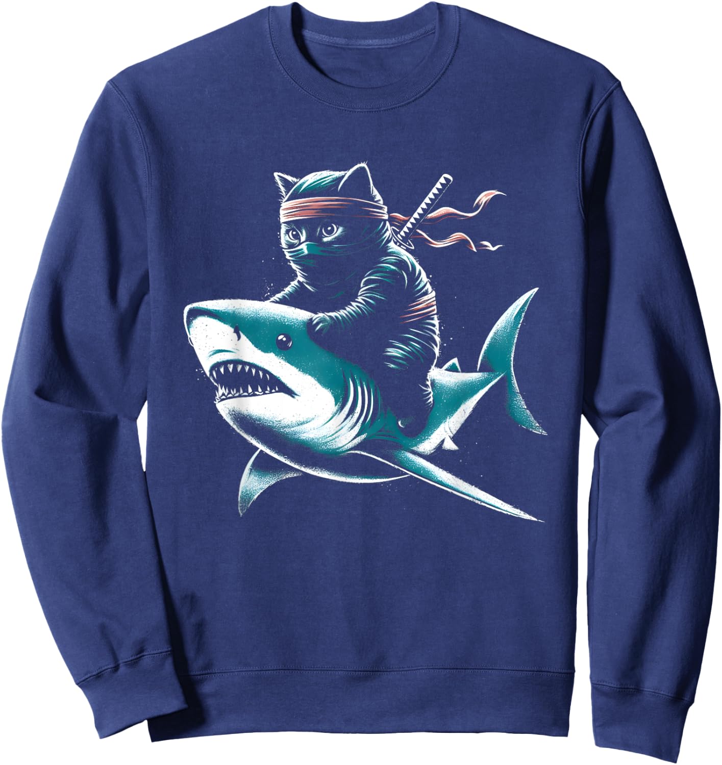 Ninja Cat Riding Shark - Funny Graphic Cat Kitten Lover Women Kids Sweatshirt - Sweatshirt | Navy