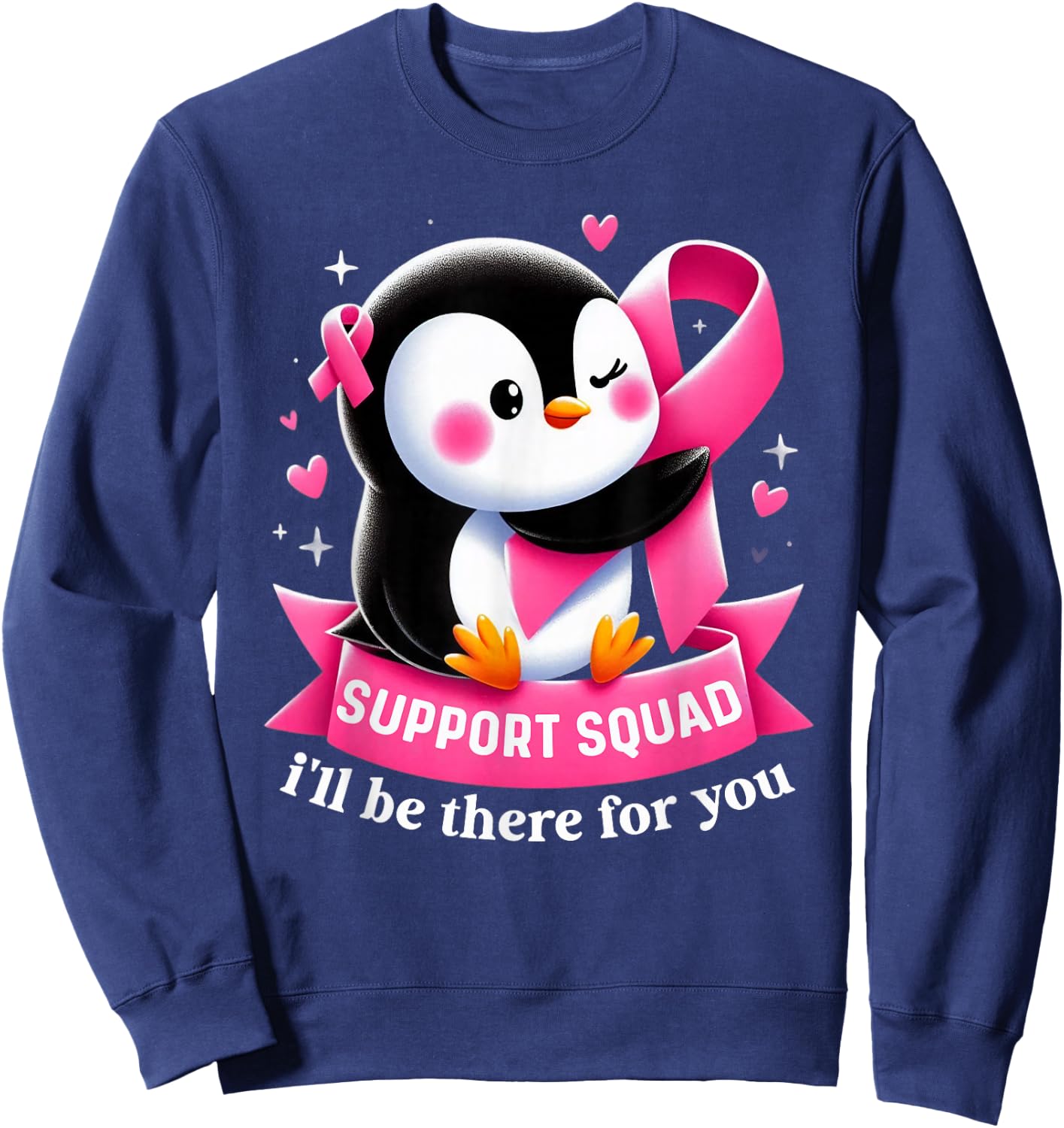 Support Squad Penguin Breast Cancer Awareness Pink Ribbon Sweatshirt - Sweatshirt | Navy