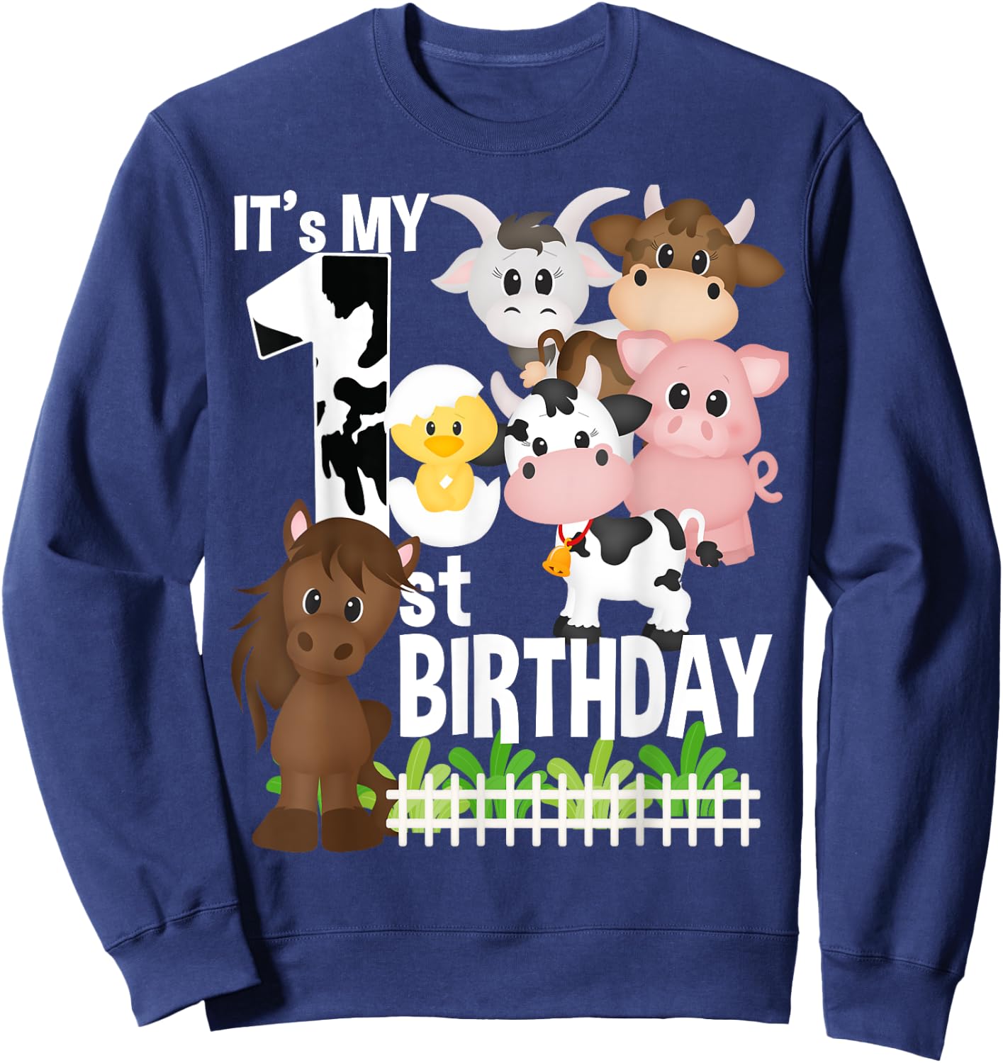 It's My 1st Birthday Party Farm Animals Barnyard Theme Bday Sweatshirt - Sweatshirt | Navy