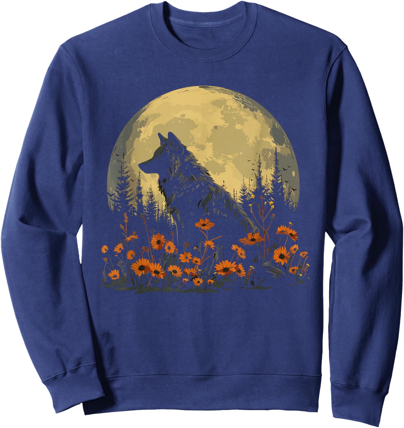 Wolf Floral Full Moon Wolves Flowers Sweatshirt - Sweatshirt | Navy