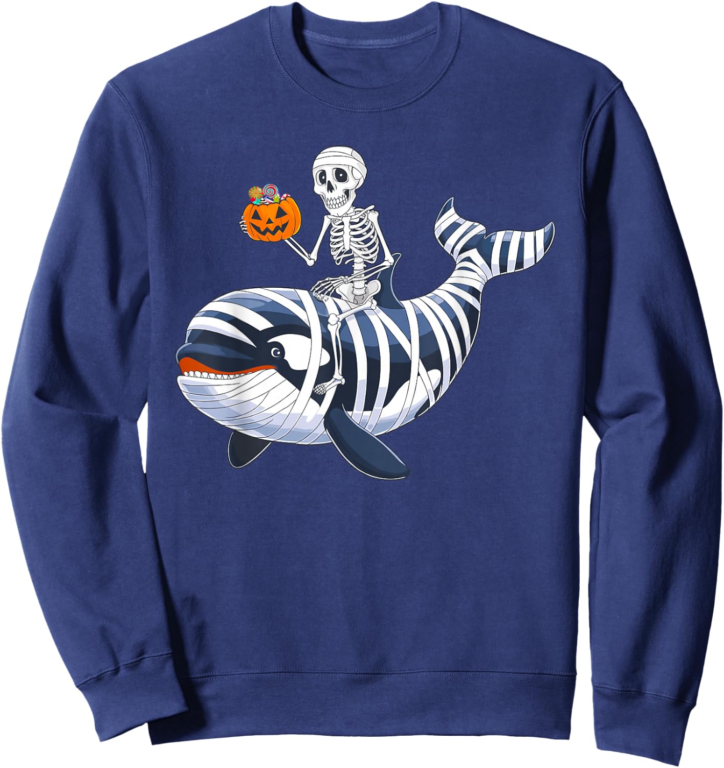 Skeleton Riding Mummy Orca Halloween Candy Whale Sweatshirt - Sweatshirt | Navy