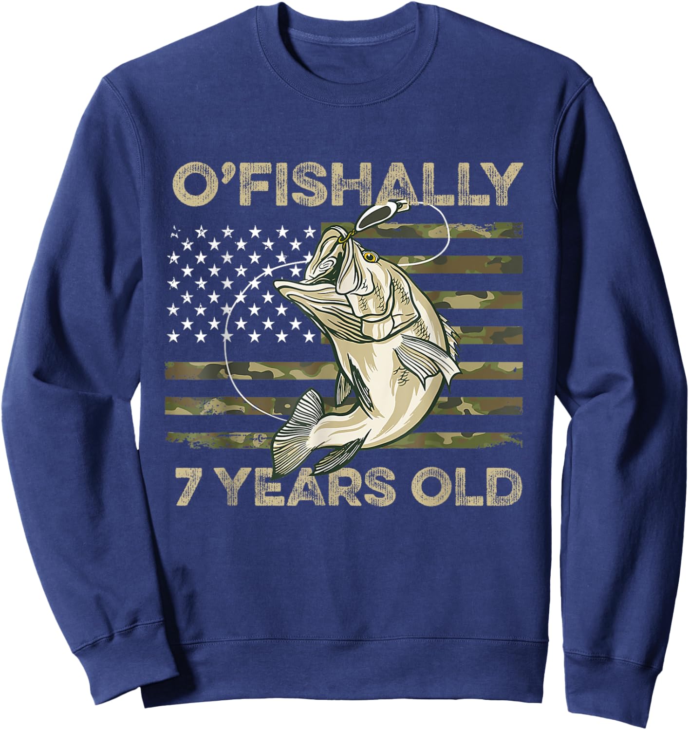 Ofishally 7 Year Old Shirt 7th Birthday US Flag Fishing Sweatshirt - Sweatshirt | Navy