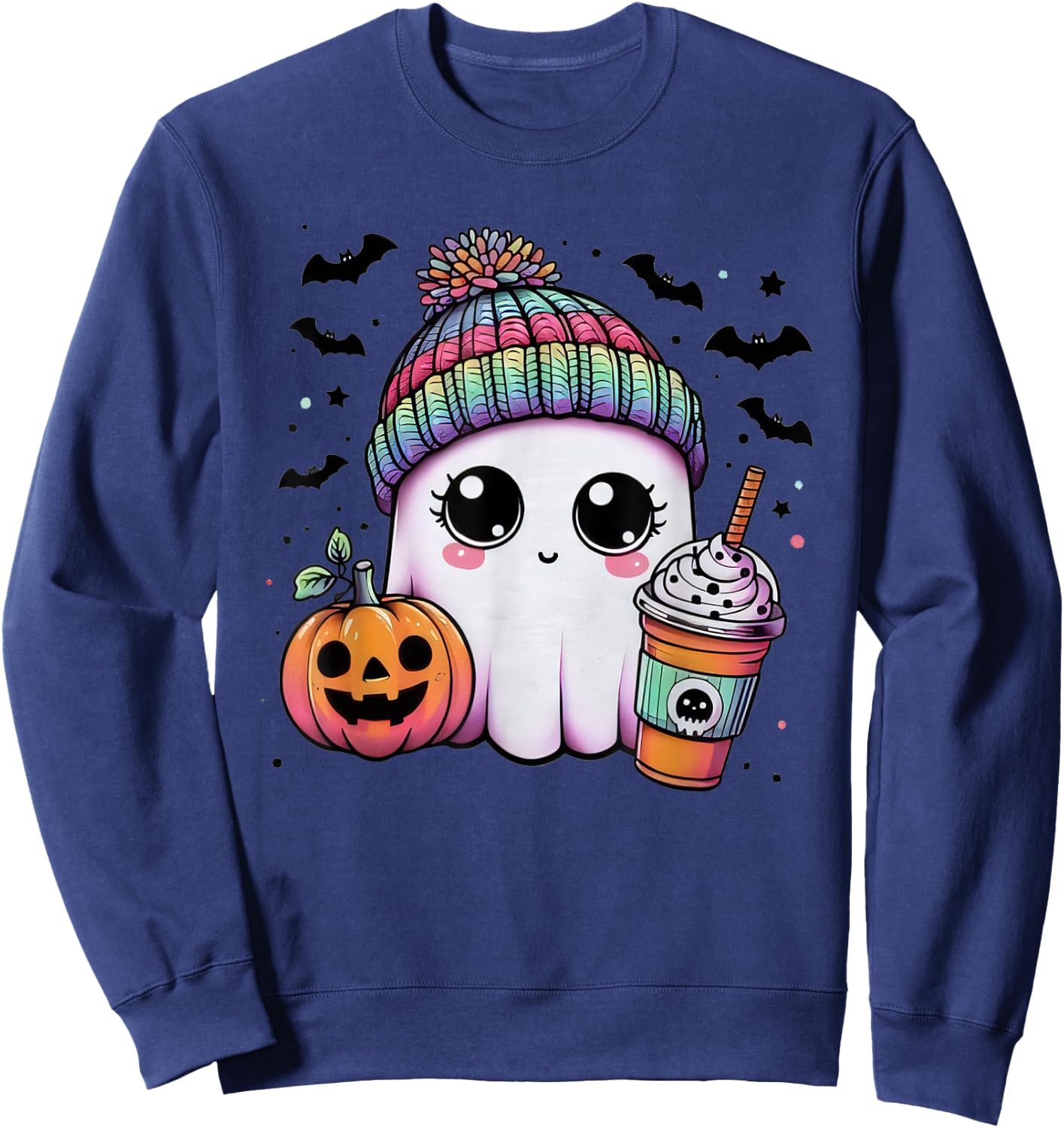 Cute Ghost Drinking Coffee Halloween Ghost Ice Coffee Sweatshirt - Sweatshirt | Navy