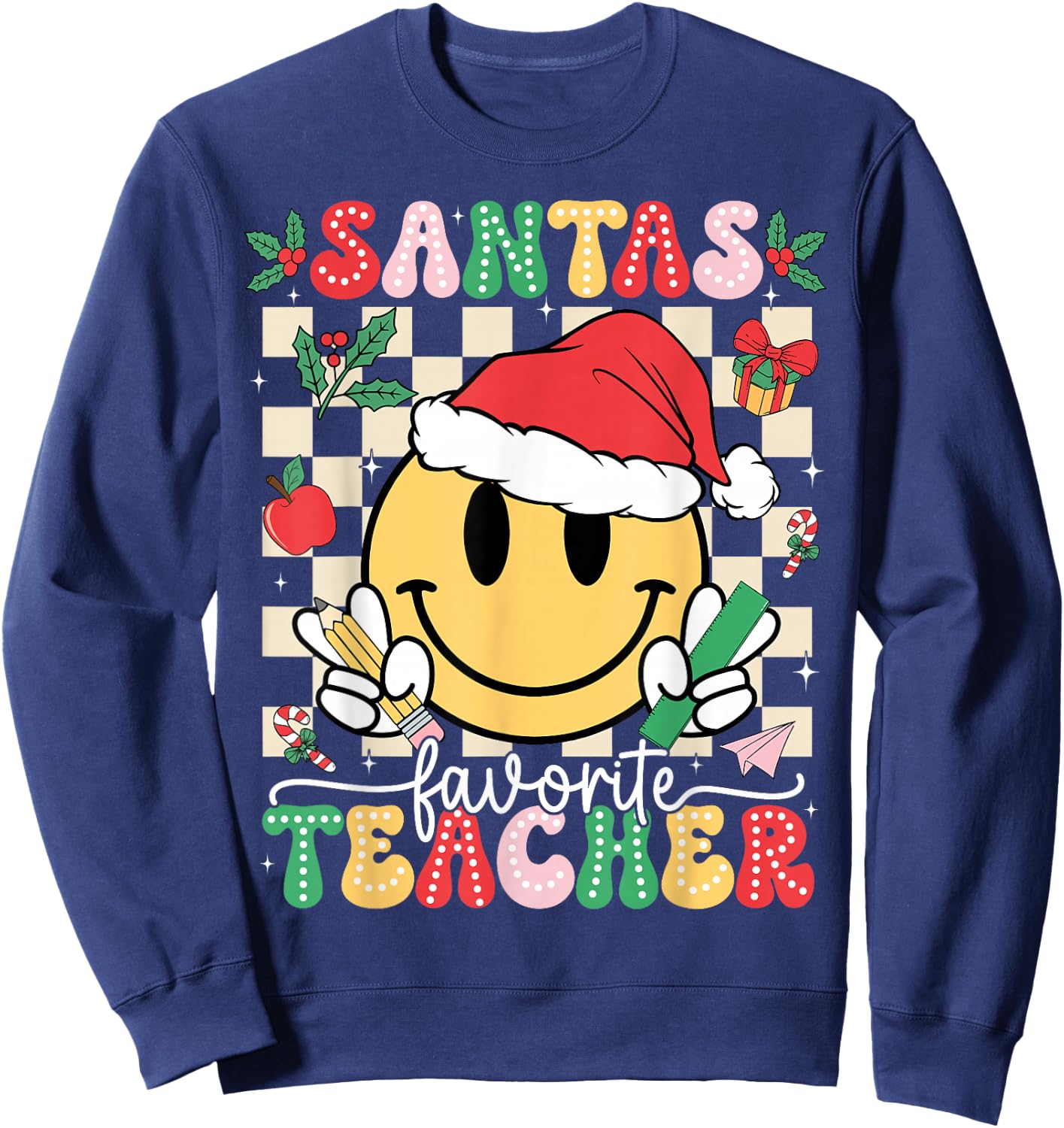 Santas Favorite Teacher Retro Groovy Smile Face Christmas Sweatshirt - Sweatshirt | Navy