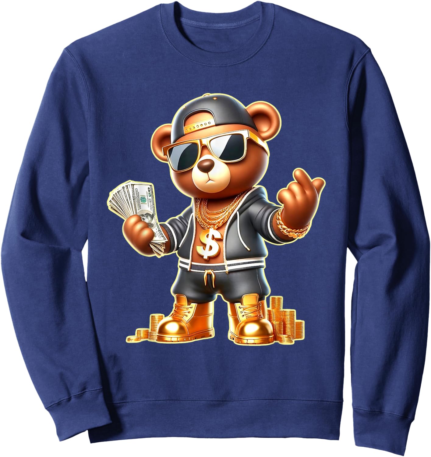 Golden Teddy Bear Money Stacks Golden Chain Gangsta Sweatshirt - Sweatshirt | Navy