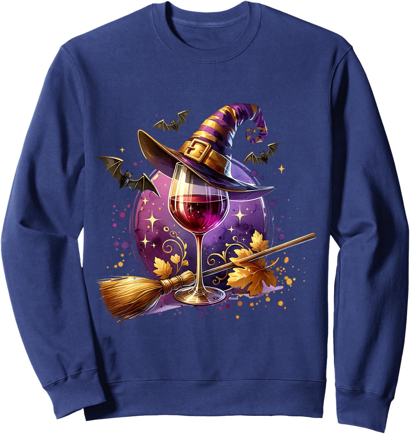 Halloween Witch Hat Wine Glass Cute Wine Lover Halloween Sweatshirt - Sweatshirt | Navy