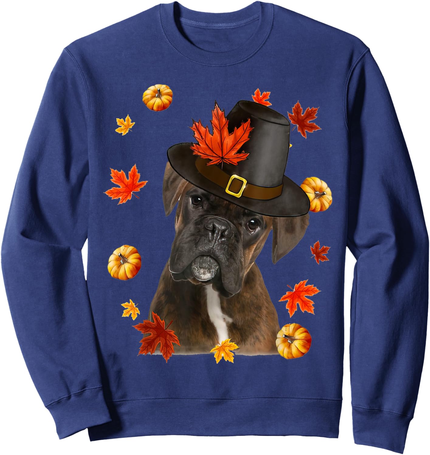 Boxer Dog Pilgrim Hat Fall Happy Thanksgiving Day Sweatshirt - Sweatshirt | Navy