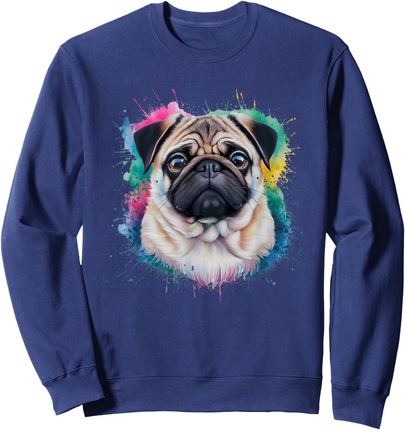 Men Woman Colorful Watercolor Pug Sweatshirt - Sweatshirt | Navy