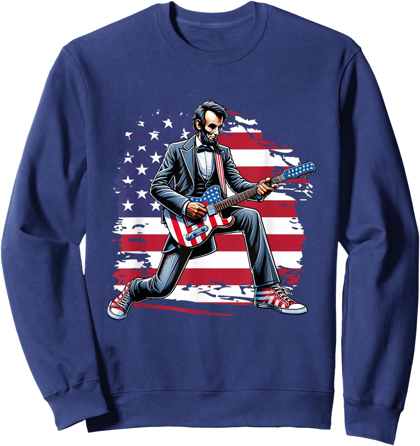 American Flag Patriotic Rock Guitar Abe Lincoln 4th Of July Sweatshirt - Sweatshirt | Navy