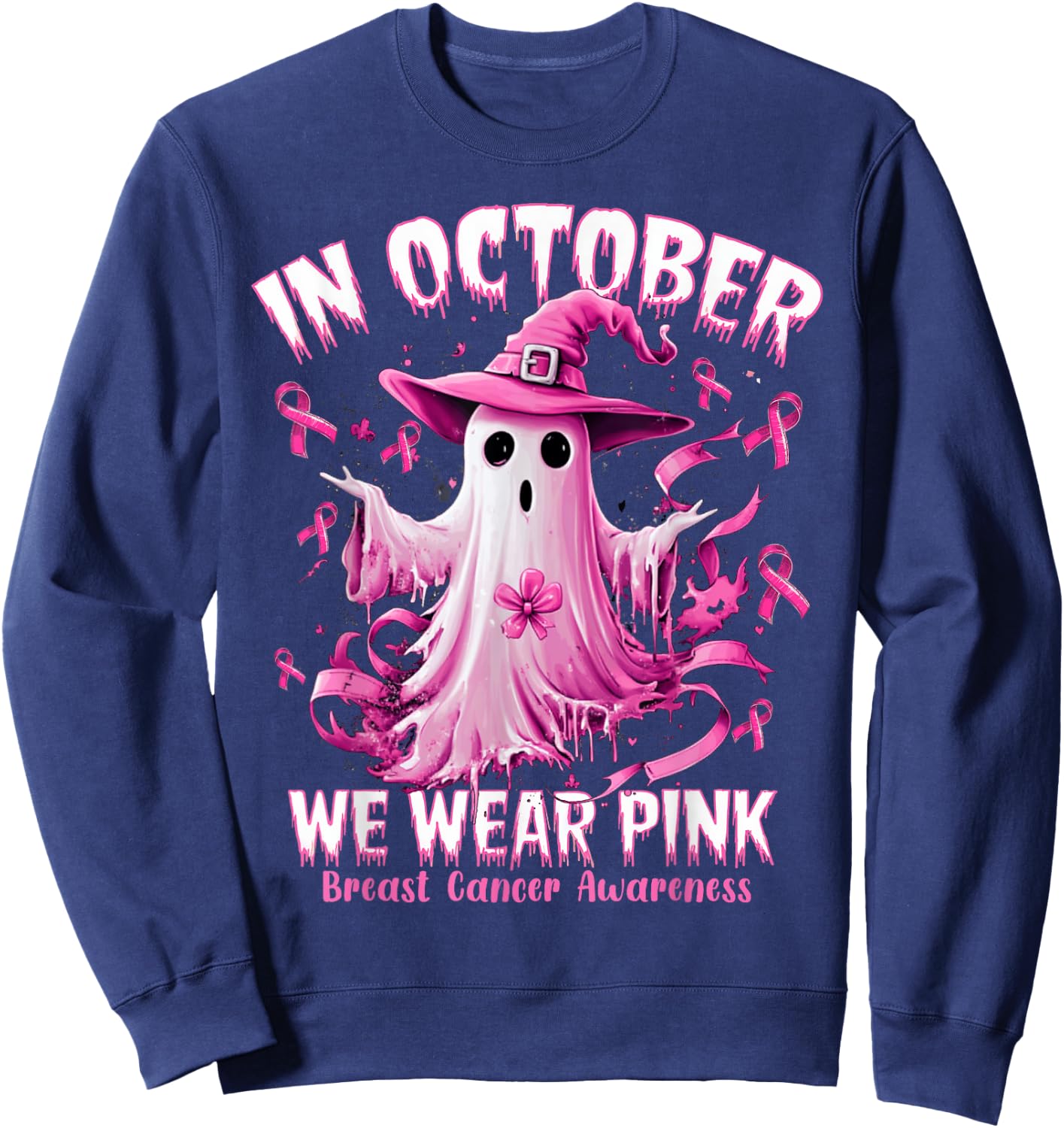In October We Wear Pink Ghost Witch Breast Cancer Awareness Sweatshirt - Sweatshirt | Navy