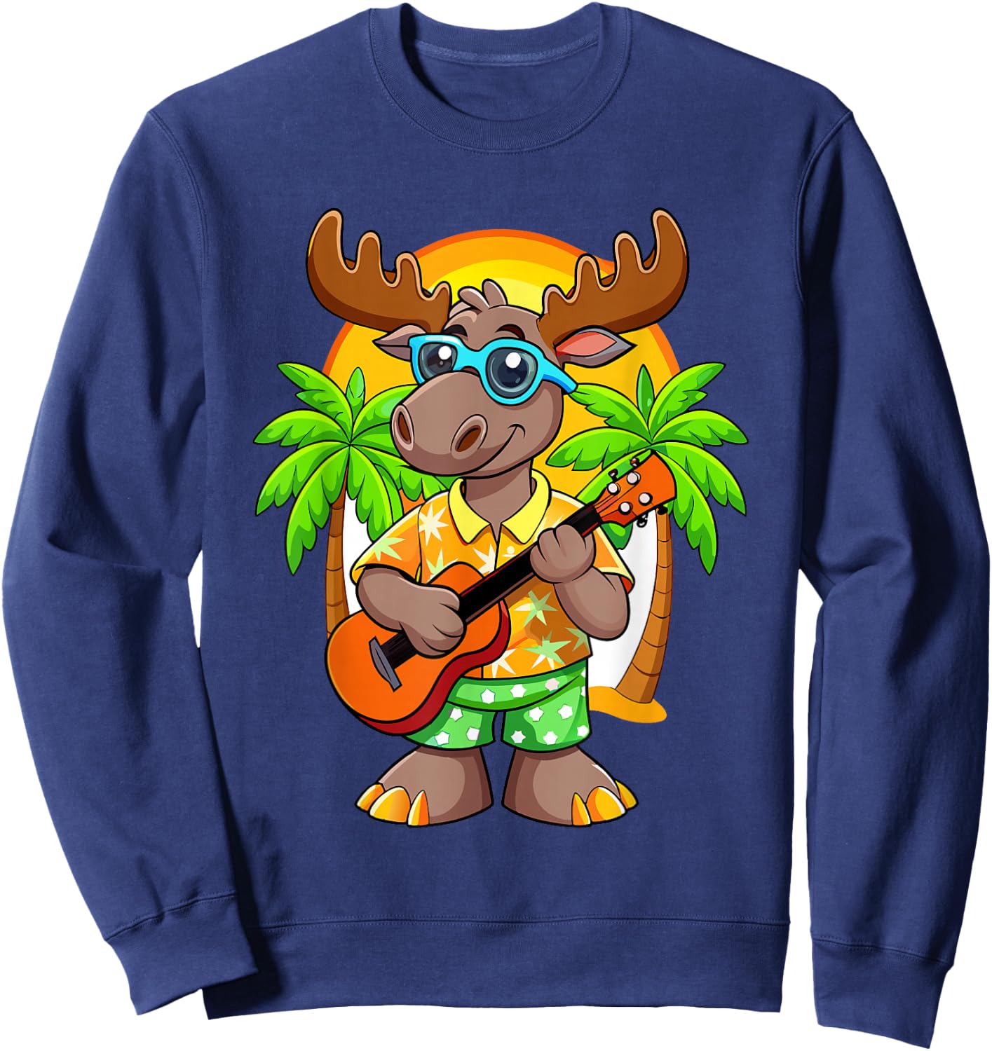 Funny Moose Summer Beach Sunglasses Hawaiian with Ukelele Sweatshirt - Sweatshirt | Navy