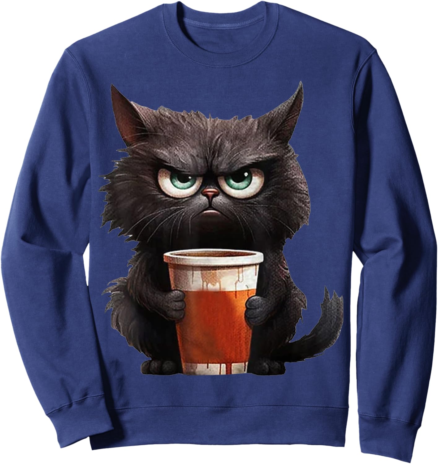 Cute Black Cat drinking coffee cup - Grumpy angry black cat Men Women Kids Sweatshirt - Sweatshirt | Navy