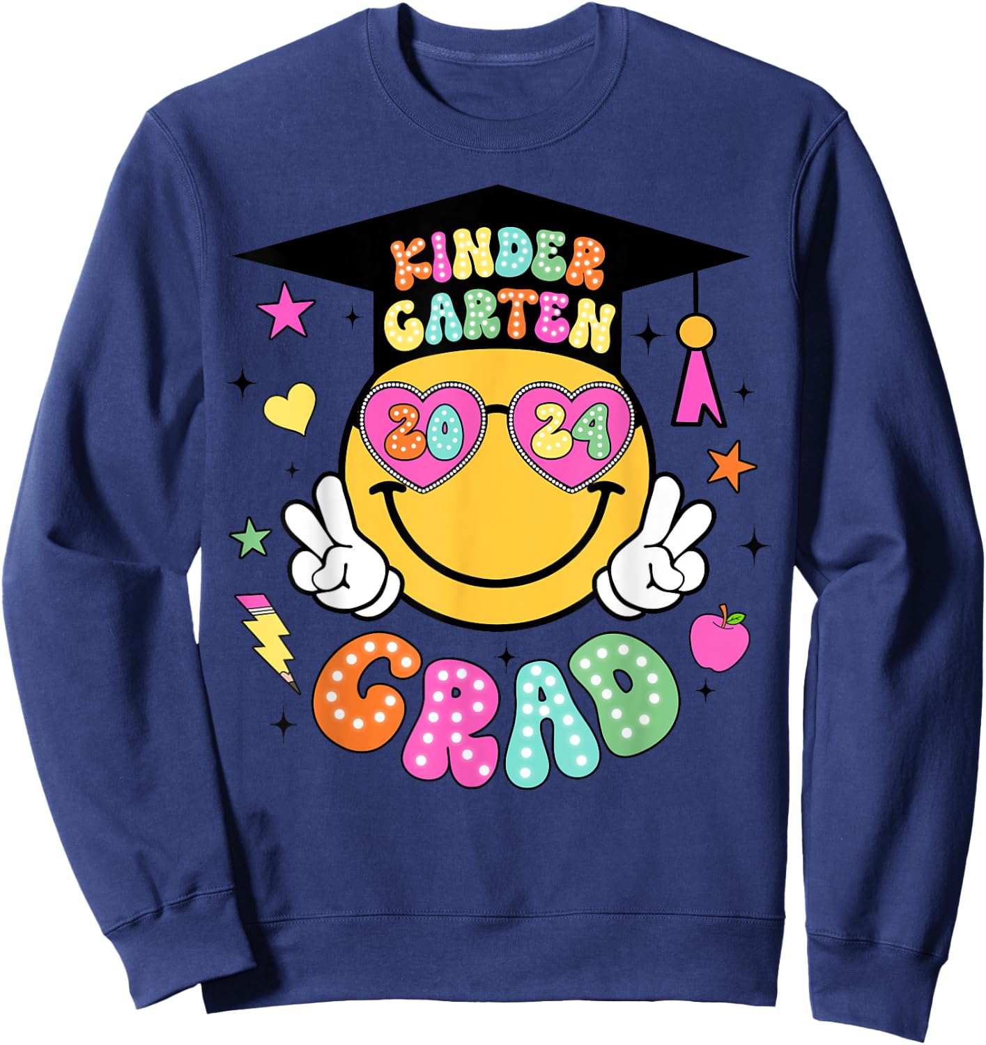 Groovy Kindergarten Graduate Happy Face Graduation 2024 Grad Sweatshirt - Sweatshirt | Navy