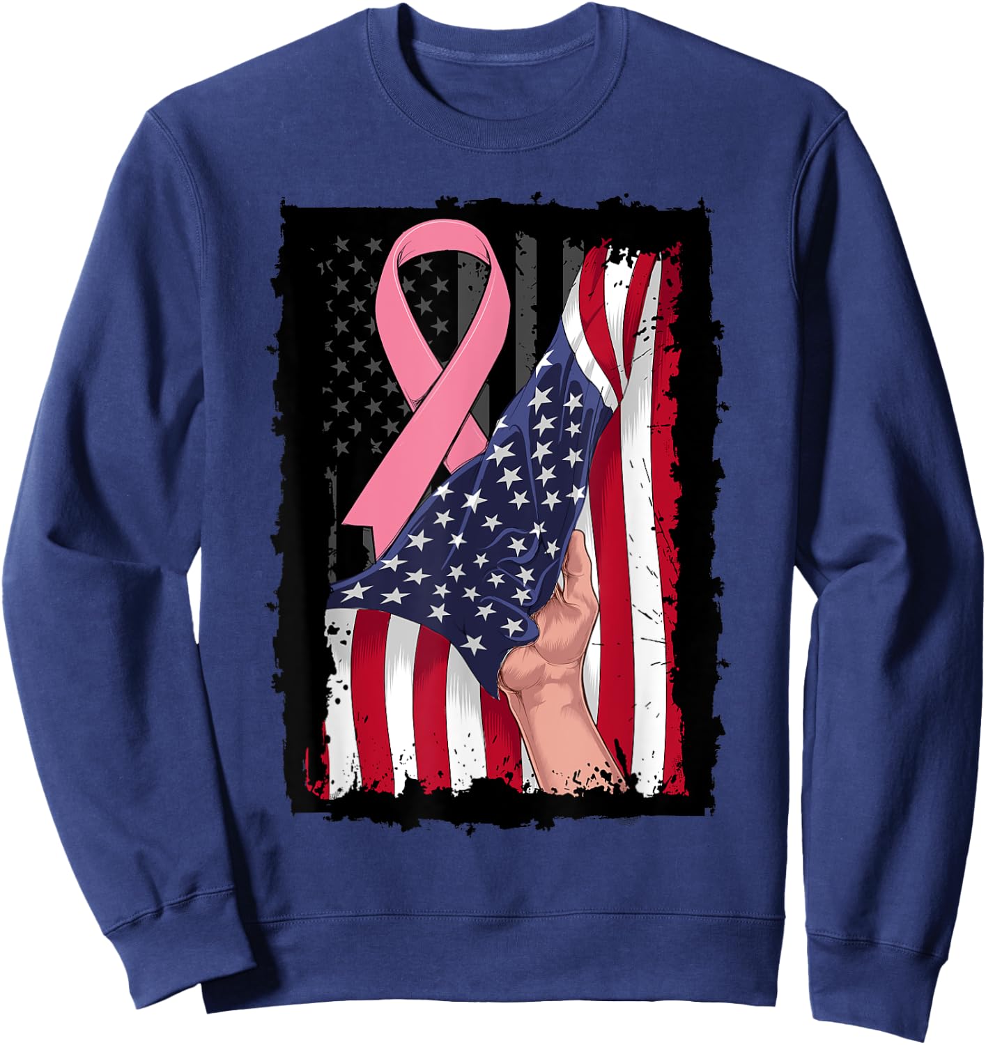 Pink Breast Cancer Awareness American USA Flag 4th of July Women Kids Men Sweatshirt - Sweatshirt | Navy