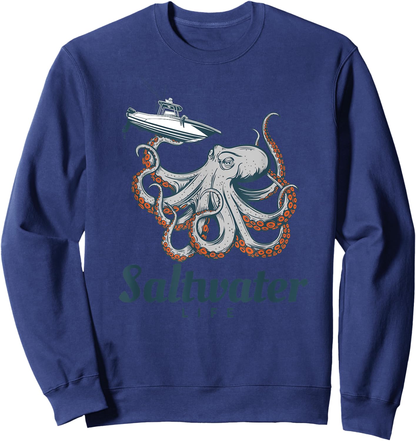 Saltwater Life Saltwater Octopus Holding a Boat Sweatshirt - Sweatshirt | Navy
