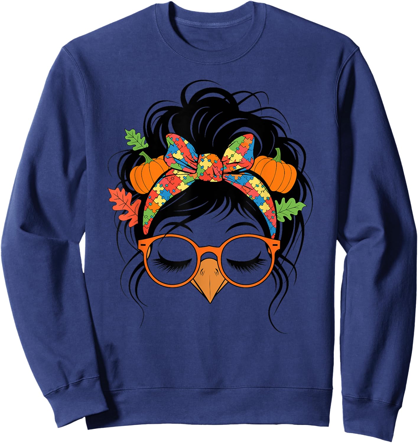 Autism Messy Bun Hair Turkey Fall Thanksgiving Girls Sweatshirt - Sweatshirt | Navy