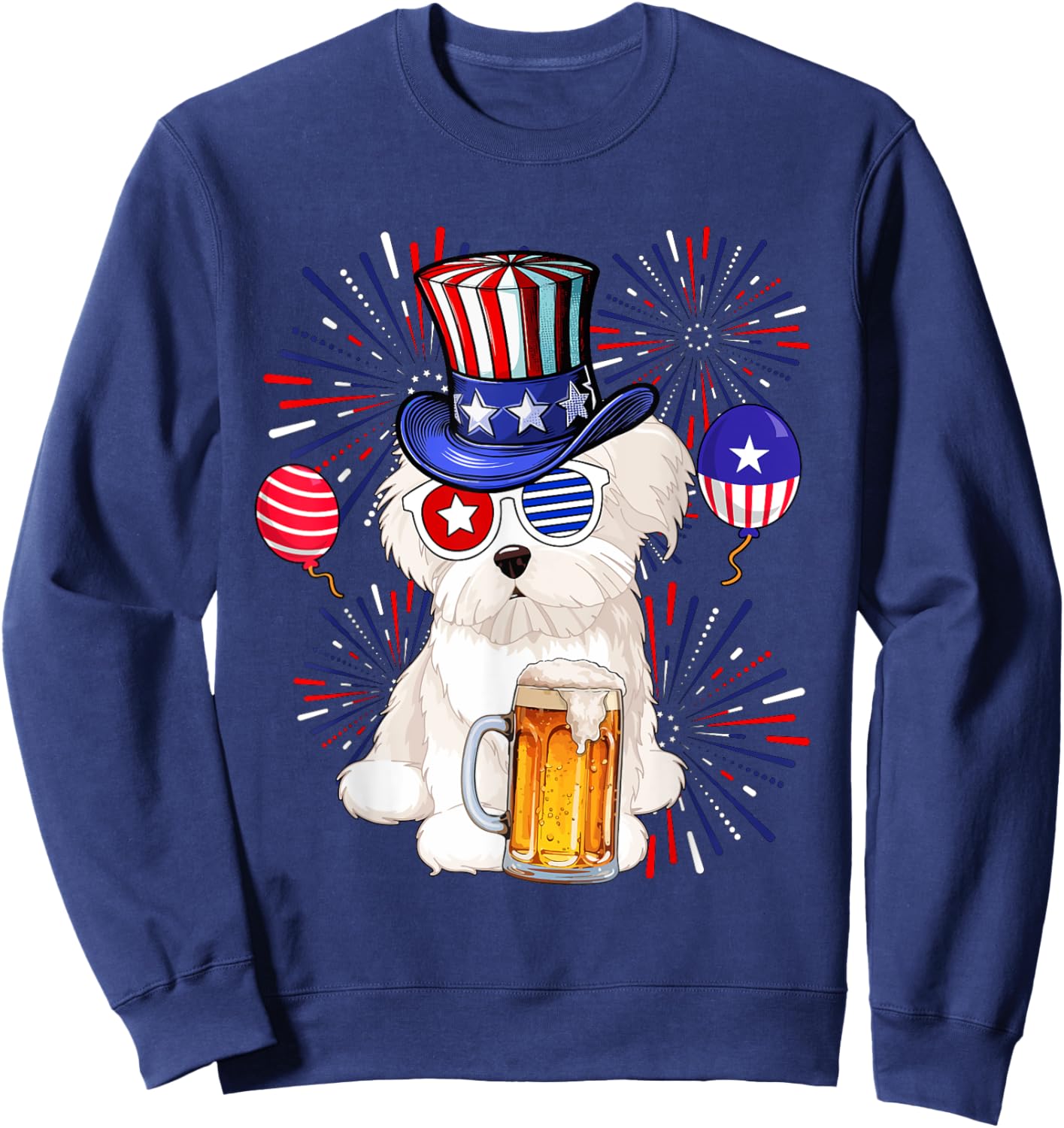 Maltese Sunglasses Drinking Beer 4th Of July Owner Lover Sweatshirt - Sweatshirt | Navy