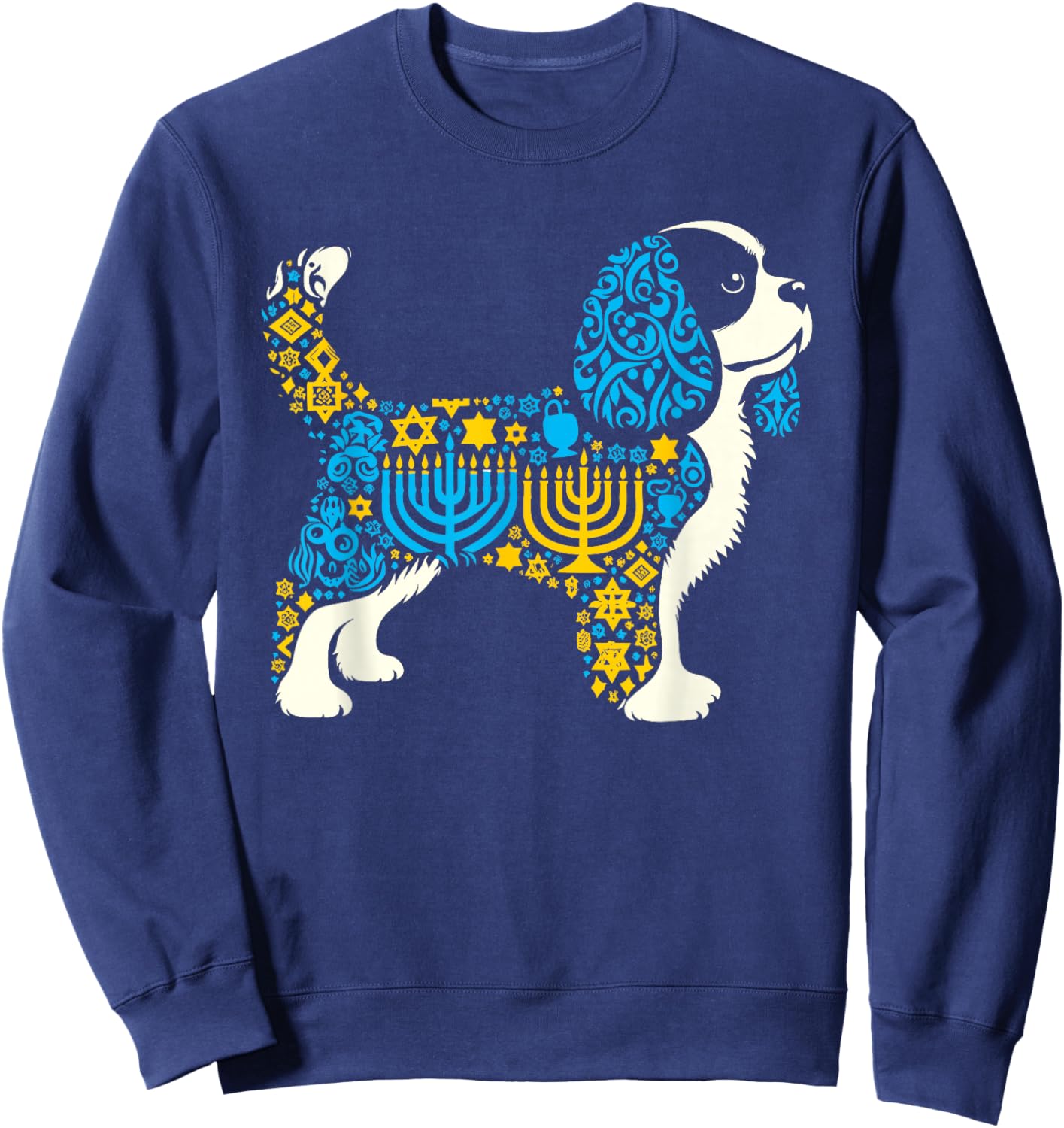 Cavalier King Charles Spaniel Menorah Jewish Hanukkah Sweatshirt - Sweatshirt | Navy