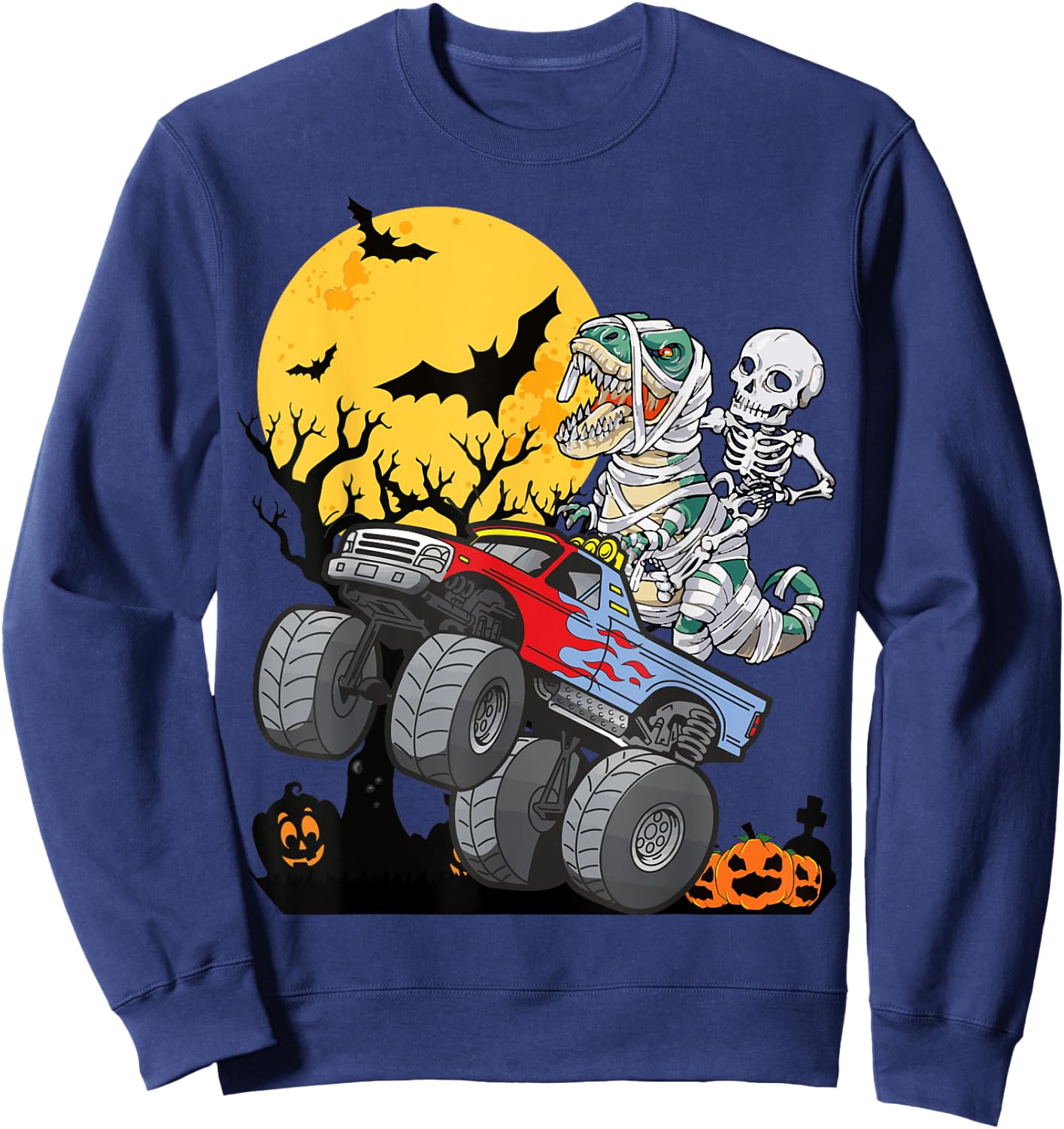 Boys Halloween Monster Truck Pumpkin Mummy Dinosaur T rex Sweatshirt - Sweatshirt | Navy