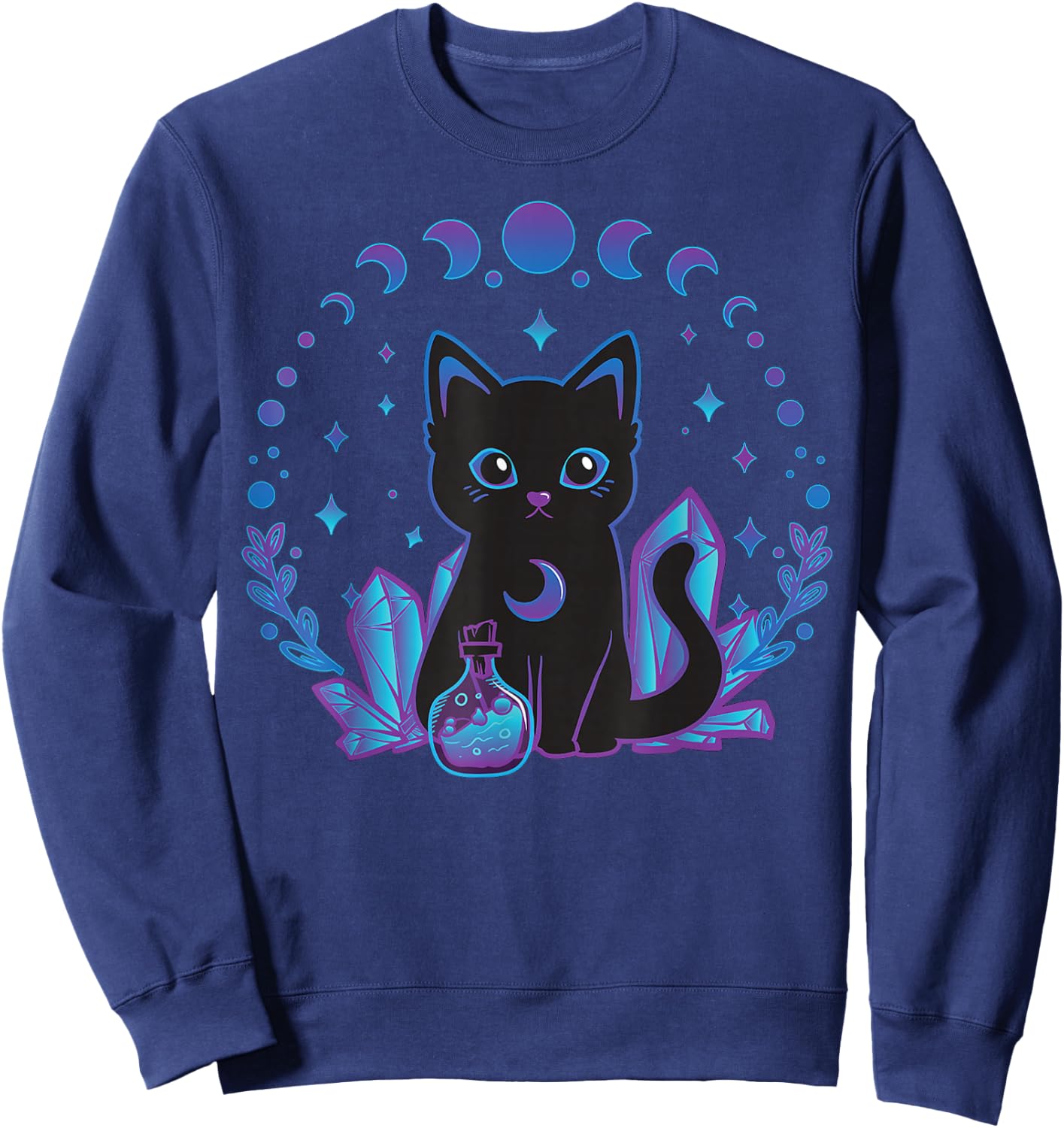 Black Witchy Cat Crystals Gothic Women Kawaii Pastel Goth Sweatshirt - Sweatshirt | Navy