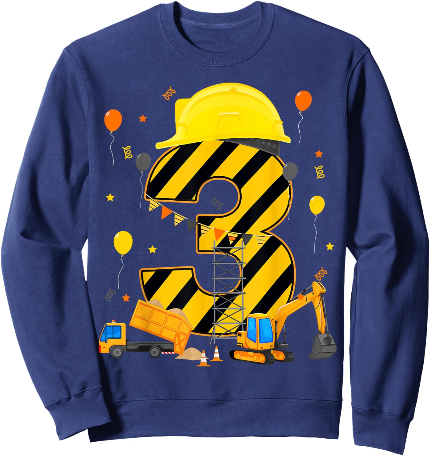 Three 3yr 3rd Birthday Construction Vehicles 3 Year Old Sweatshirt - Sweatshirt | Navy