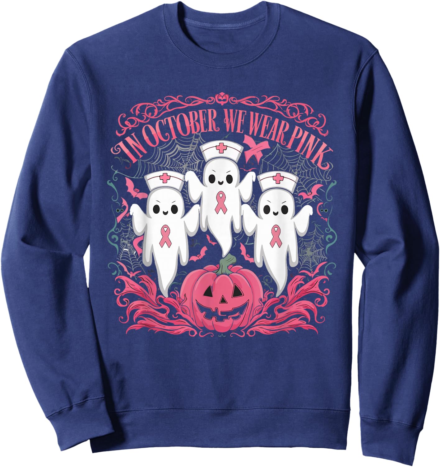 In October We Wear Pink Ribbon Nurse Ghost Halloween Sweatshirt - Sweatshirt | Navy