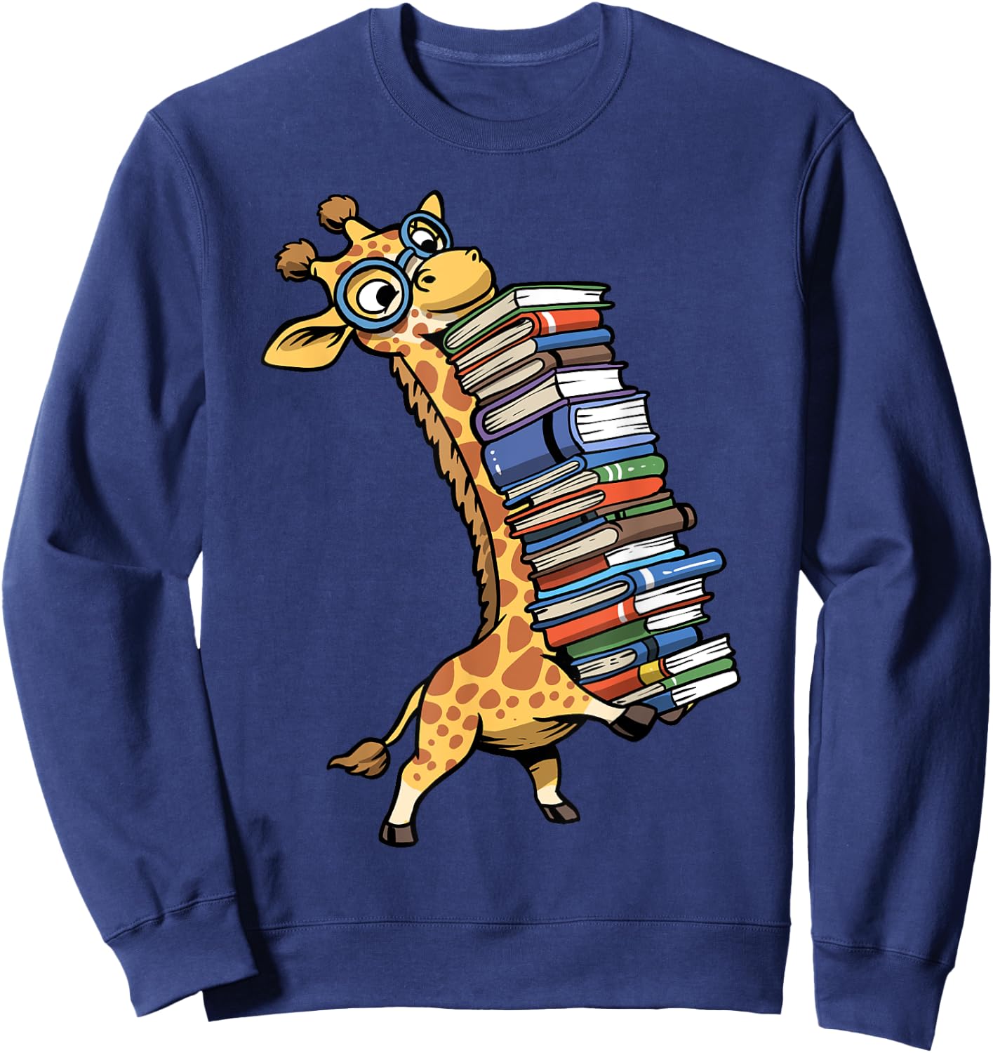 Teacher Shirt Giraffe Holding Books Funny Bookworm Librarian Sweatshirt - Sweatshirt | Navy