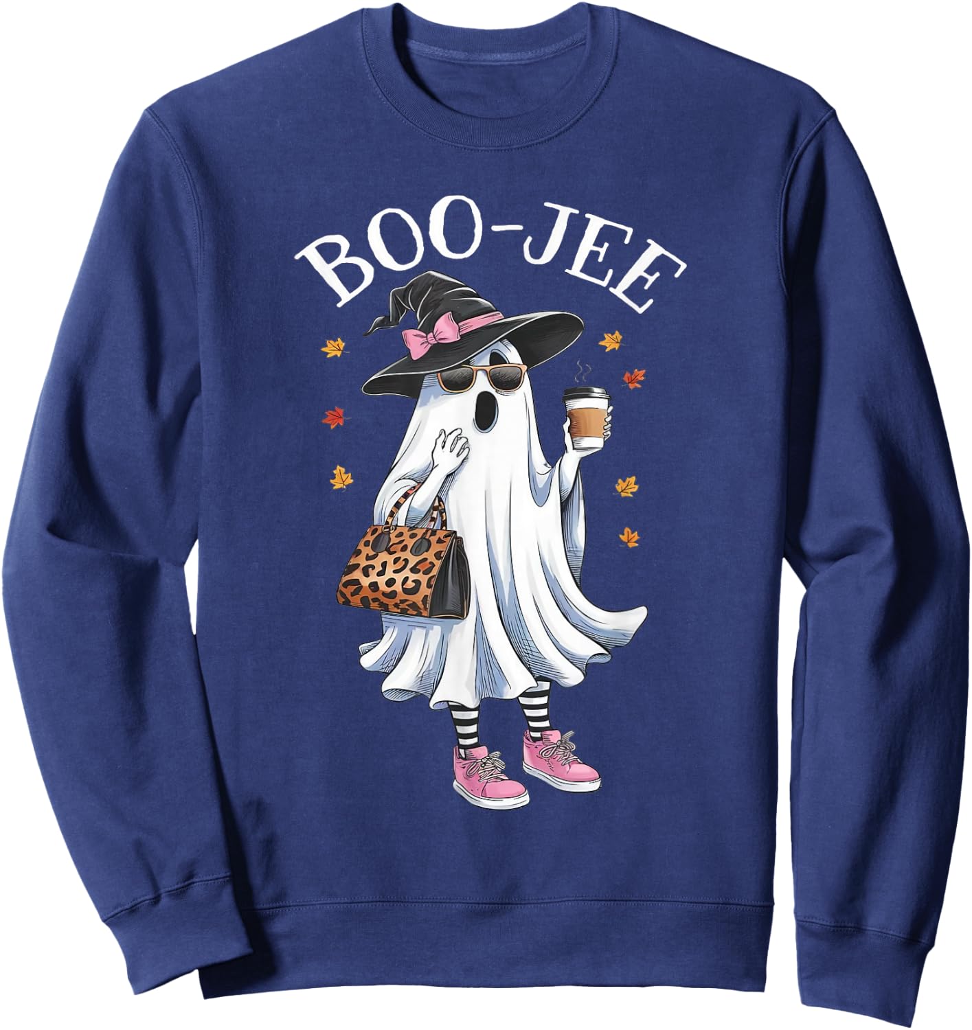 Cute Boo Jee Ghost Halloween Leopard Coffee Sweatshirt - Sweatshirt | Navy