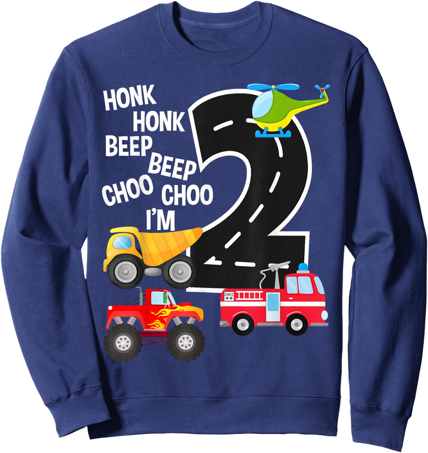 Kids Trucks 2nd Birthday Party Toddler I'm 2 Year Old Bday Sweatshirt - Sweatshirt | Navy