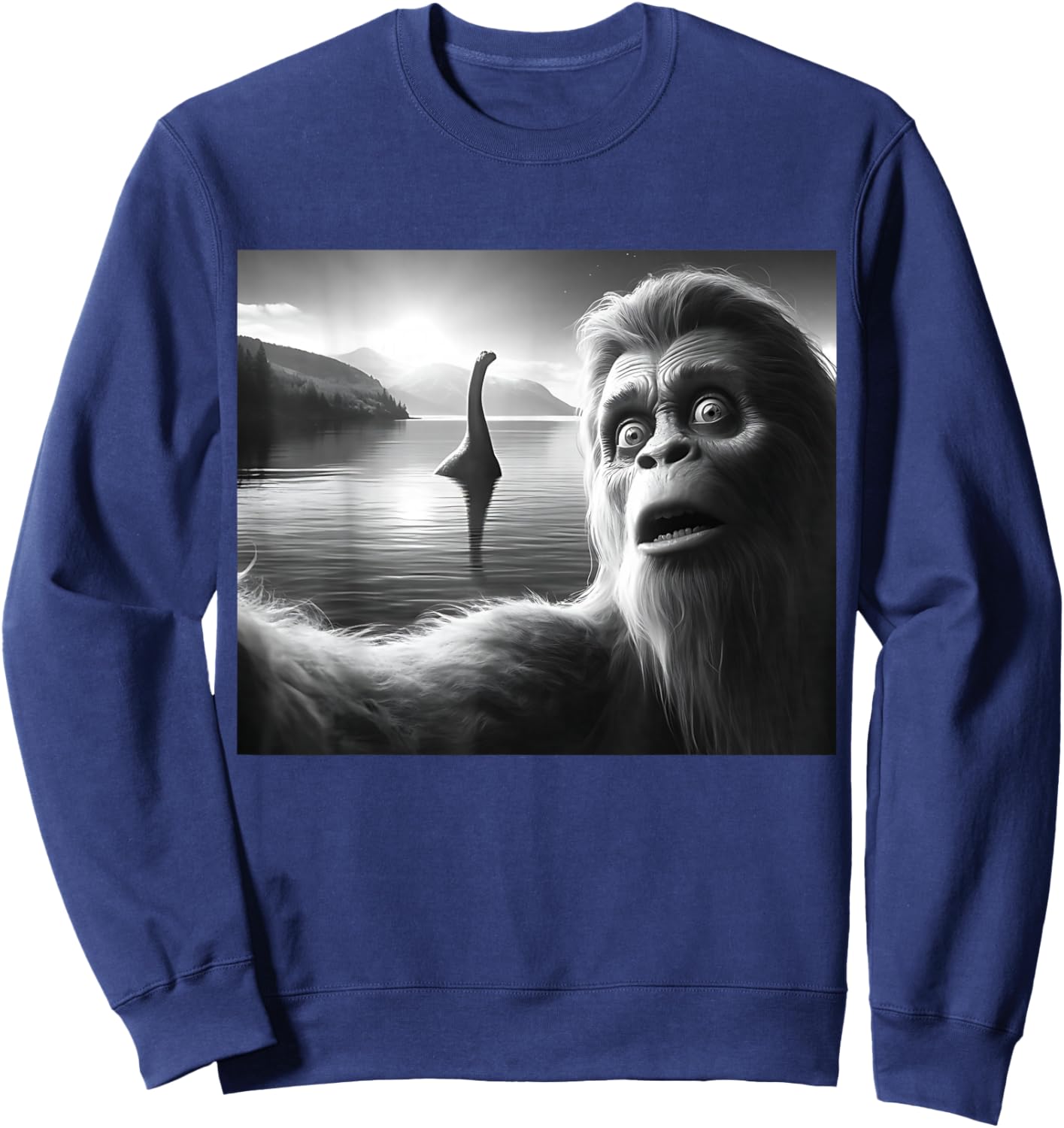 Funny Surprised Squatch Selfie with Loch Ness Monster Nessie Sweatshirt - Sweatshirt | Navy